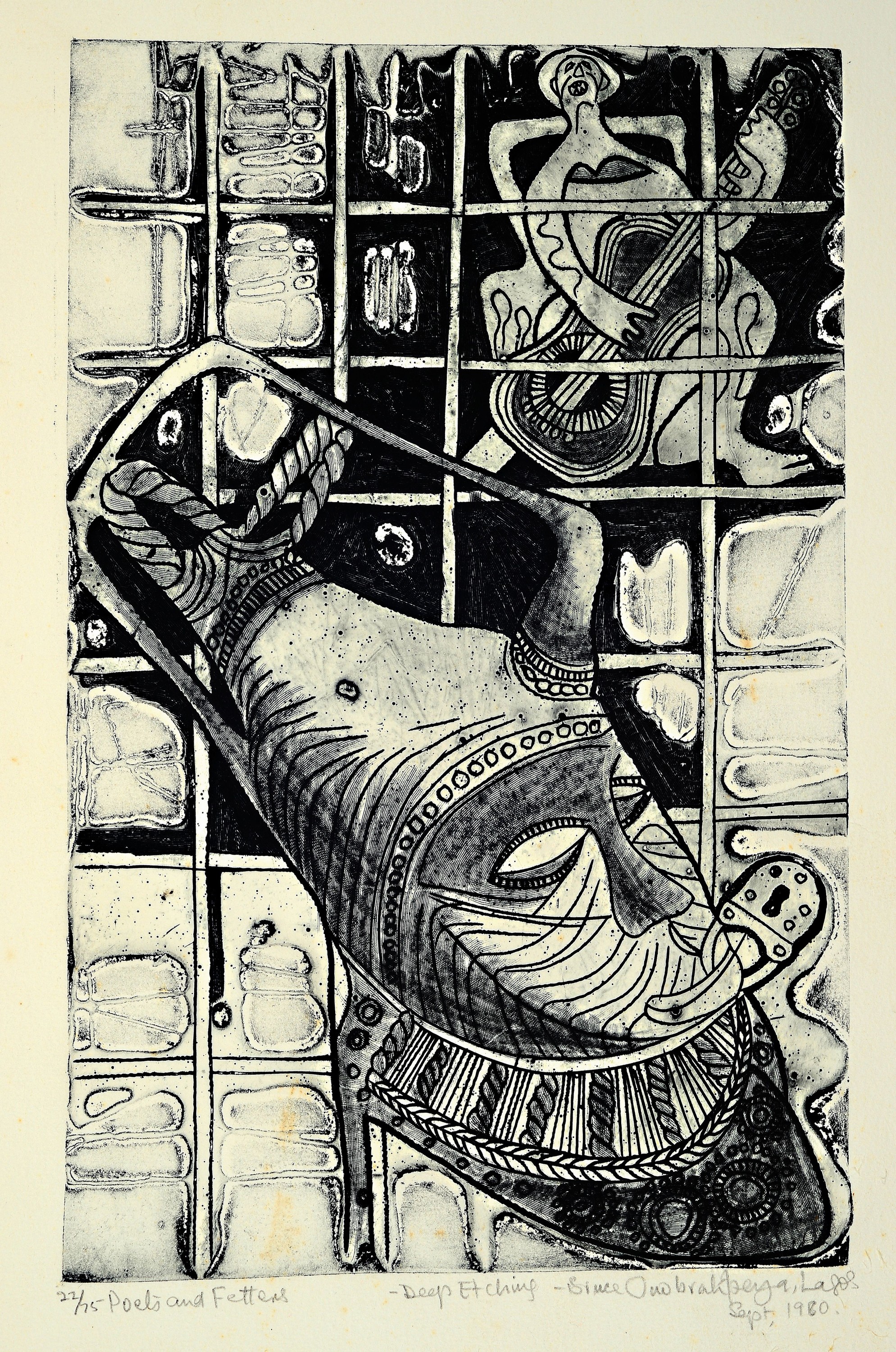 Detail o: Bruce Onobrakpeya, geb. 1932, zeitgen. nigerianischer Künstler, Metal foil deep etching, durch den Künbstler entwickeltes plastographisches ...