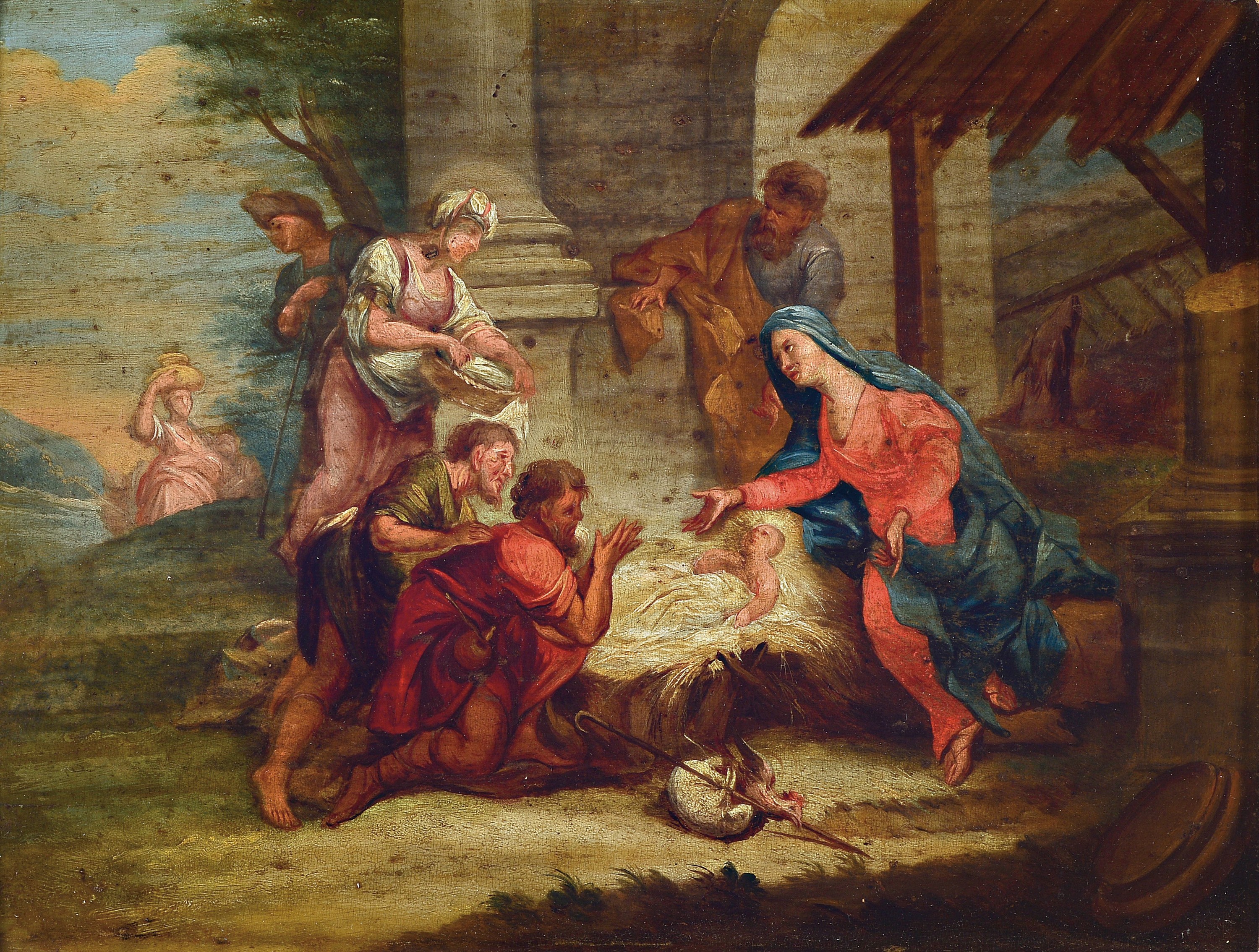 Detail a: Unbekannter Künstler um 1840, 4 Gemälde in Öl/Holz mit verschiedenen christlichen Darstellungen: Verkündigung Marias, Christi Geburt, Huldigung ...