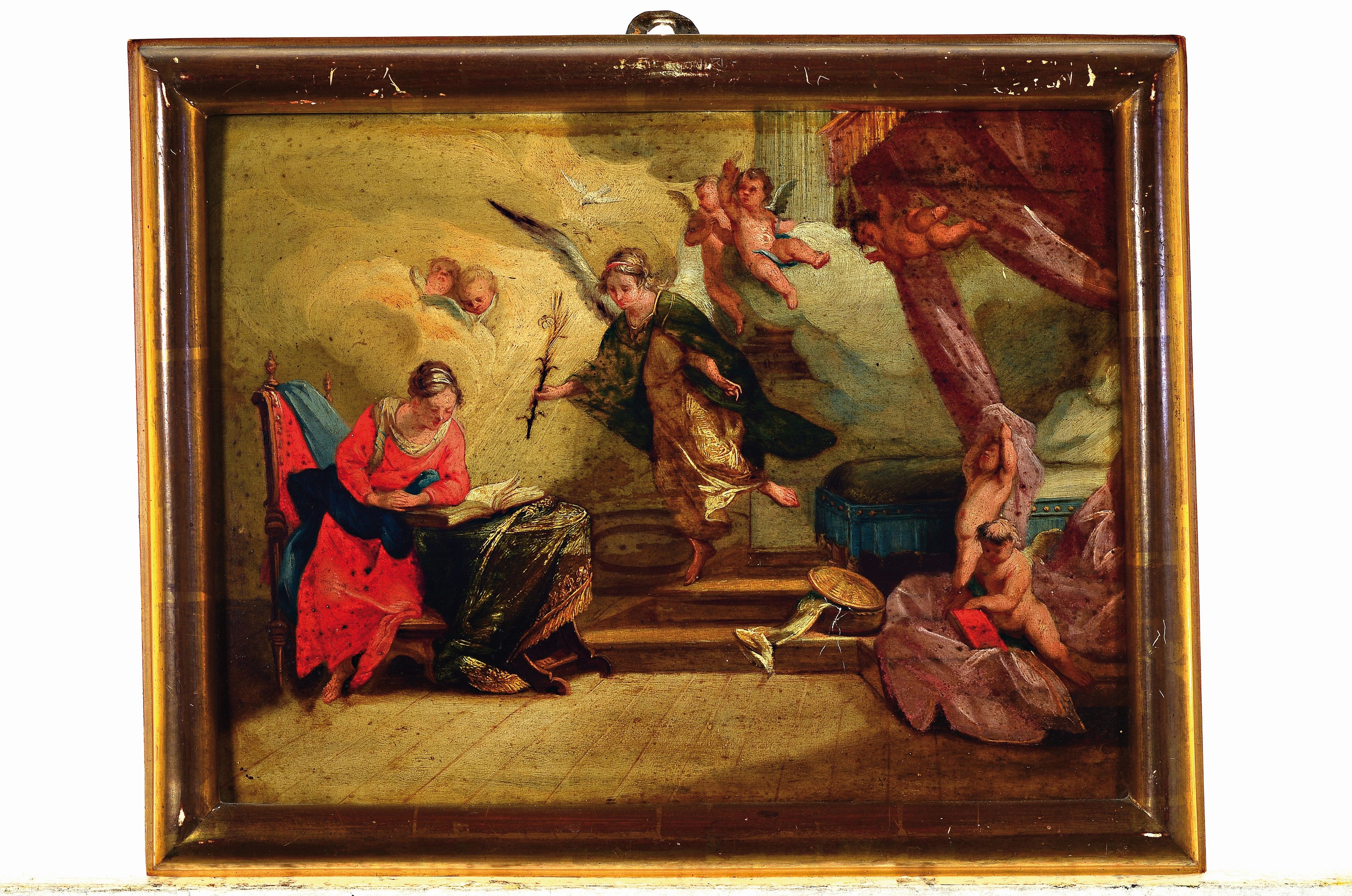 Detail k: Unbekannter Künstler um 1840, 4 Gemälde in Öl/Holz mit verschiedenen christlichen Darstellungen: Verkündigung Marias, Christi Geburt, Huldigung ...