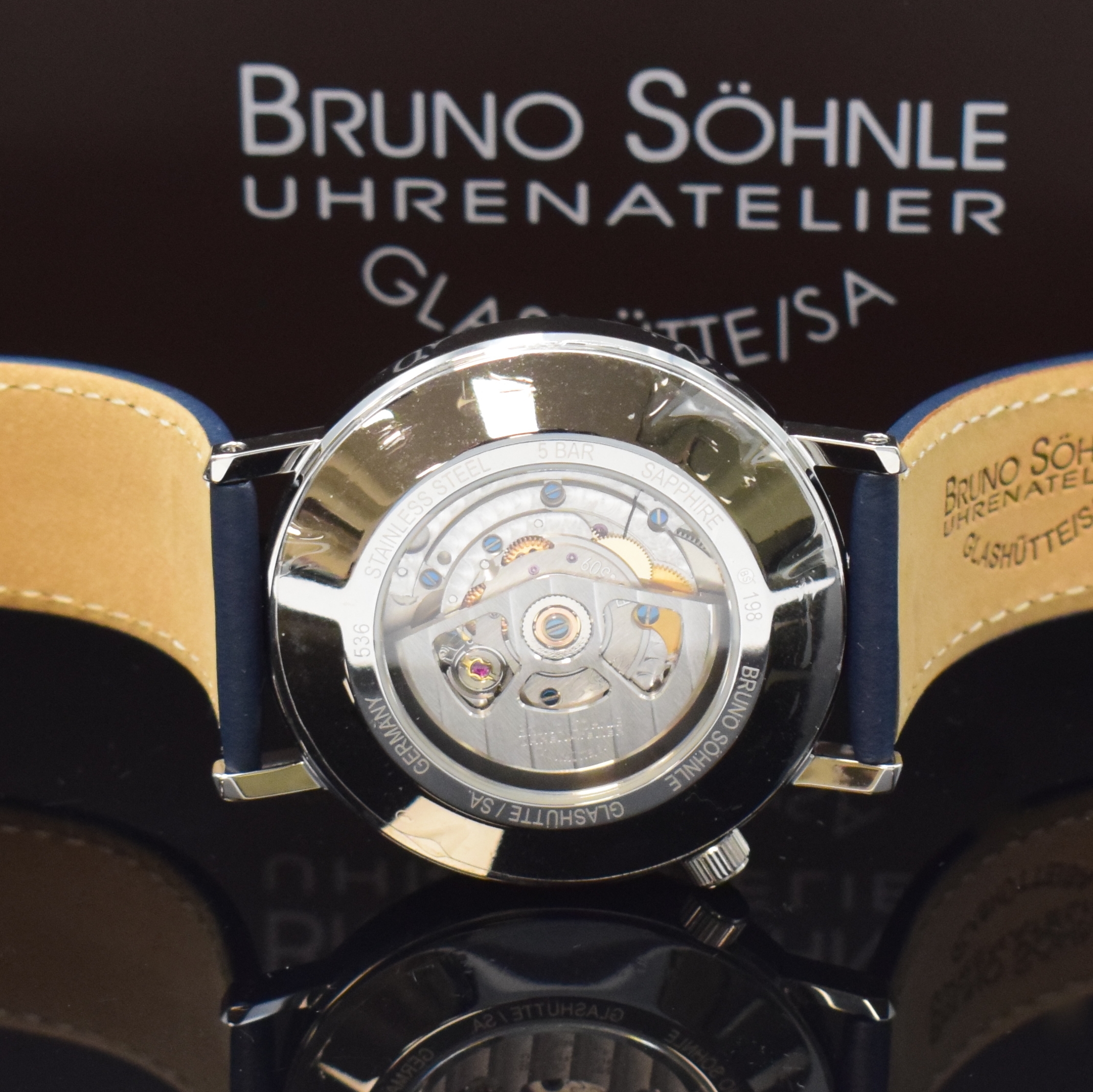Detail e: BRUNO SÖHNLE Rondo Regulateur nahezu neuwertige Herrenarmbanduhr in Stahl, Deutschland aktuelle Produktion, Automatik, beids. vergl. Geh., Boden ...