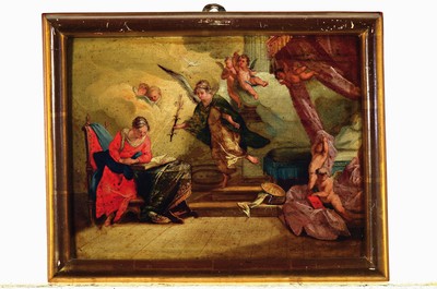 26791011k - Unknown artist around 1840, 4 paintings in oil/wood with various Christian representations: Annunciation of Mary, birth of Christ, homage to the three kings, presentation in the temple, some with minor paint damage, age-related condition, each approx. 24x31cm, Frame approx. 28x35cm