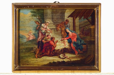 26791011l - Unknown artist around 1840, 4 paintings in oil/wood with various Christian representations: Annunciation of Mary, birth of Christ, homage to the three kings, presentation in the temple, some with minor paint damage, age-related condition, each approx. 24x31cm, Frame approx. 28x35cm