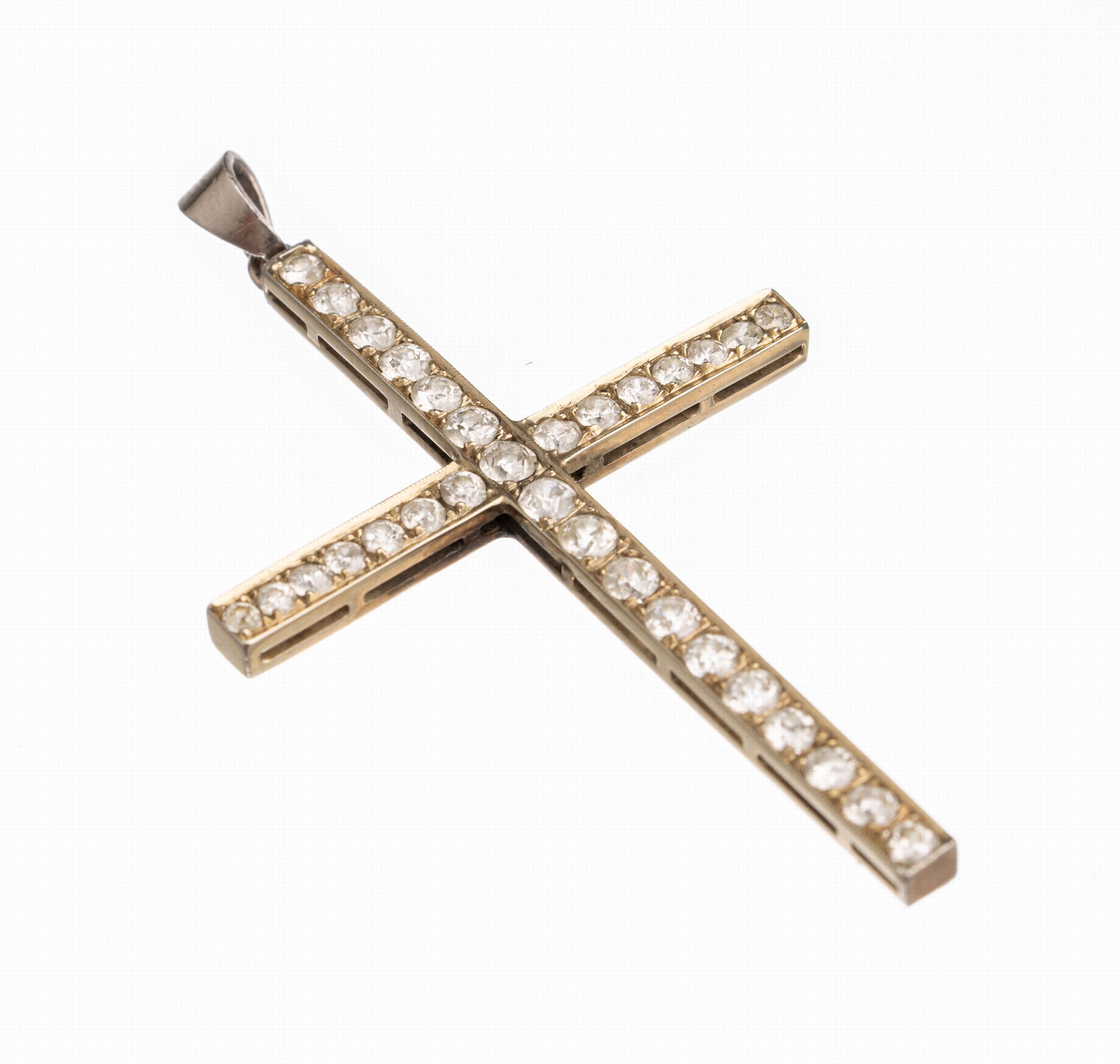 14 kt Gold Diamant Kreuzanhänger, WG 585/ 000 (gepr.), 31 Altschliffdiamanten zus. ca. 1.15 ct Weiß/si-p, Millegriffverz., ca. 5 x 3 cm, ca. 4.1 ...