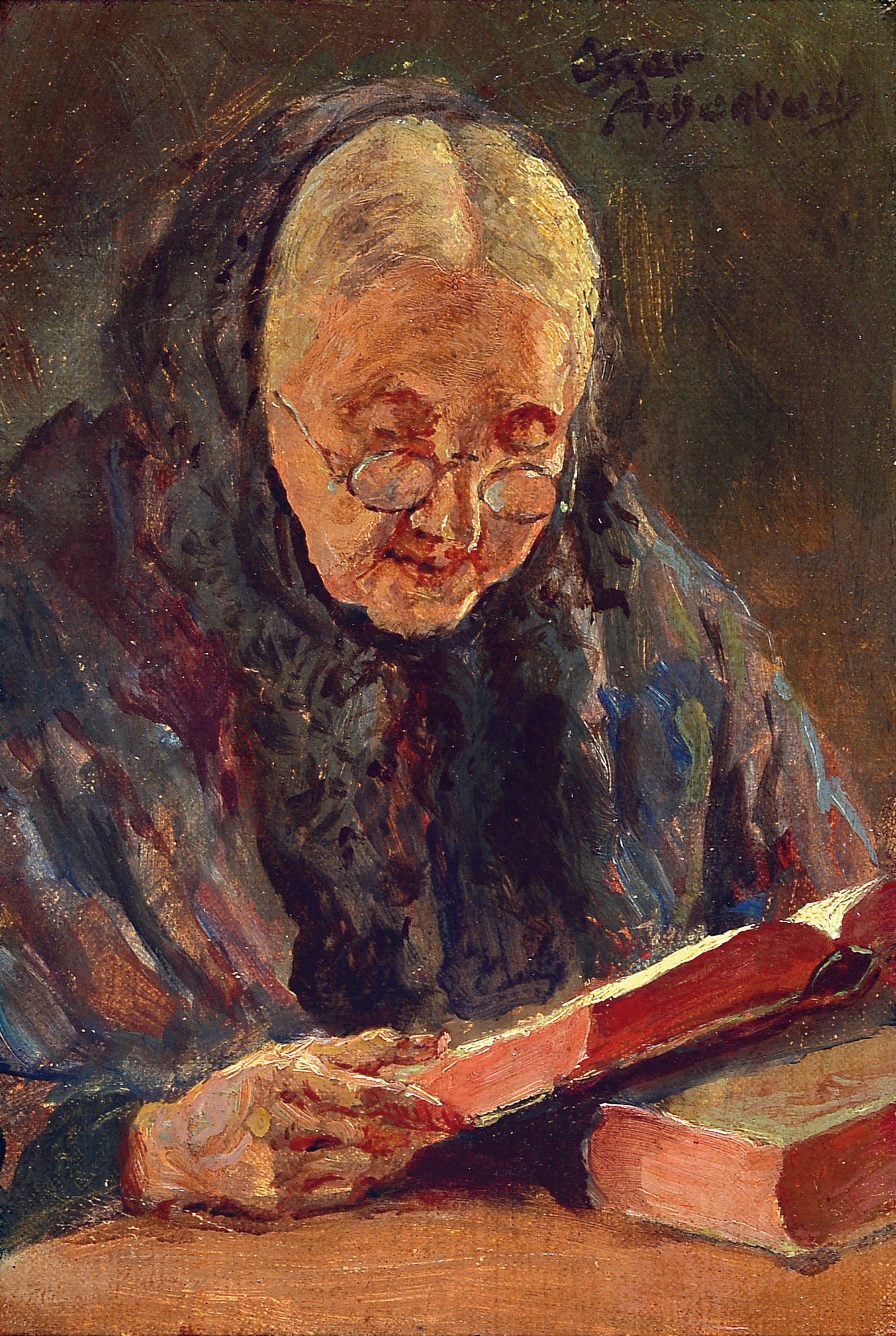 Oscar Achenbach, 1868 Stettin-1935 Wiesbaden , Damenporträt, Alte Frau beim Lesen, rechtsoben signiert, Öl/Lwd auf Holz doubliert, ca. 23x16 cm, ...