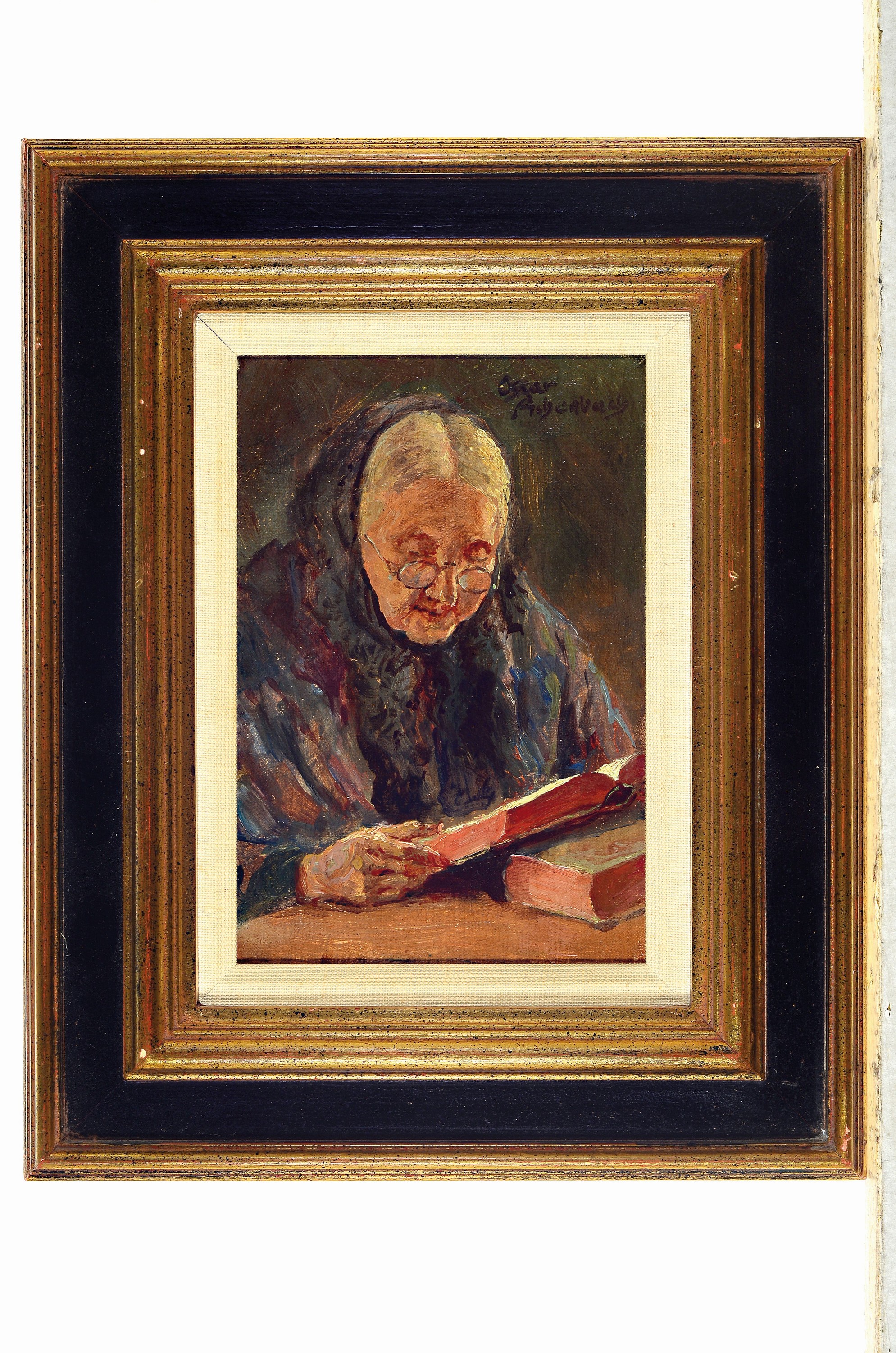 Detail k: Oscar Achenbach, 1868 Stettin-1935 Wiesbaden , Damenporträt, Alte Frau beim Lesen, rechtsoben signiert, Öl/Lwd auf Holz doubliert, ca. 23x16 cm, ...