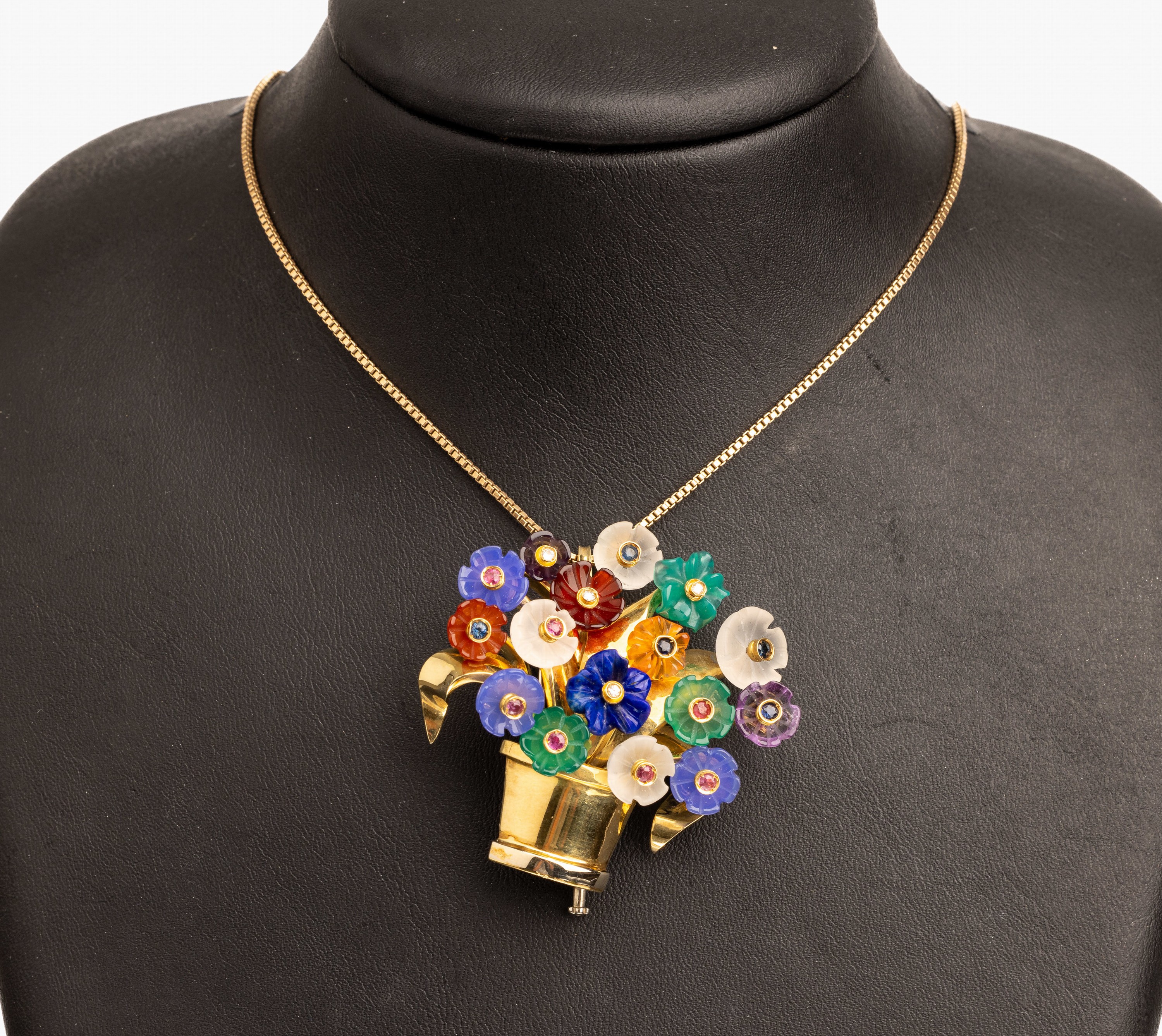 18 kt Gold Farbstein-Diamant-Brosche, "Blumenkorb", GG 750/000, facett. Blüten u.a. Bergkristall, Amethyst, Lapislazuli, Citrin und Jade, ...