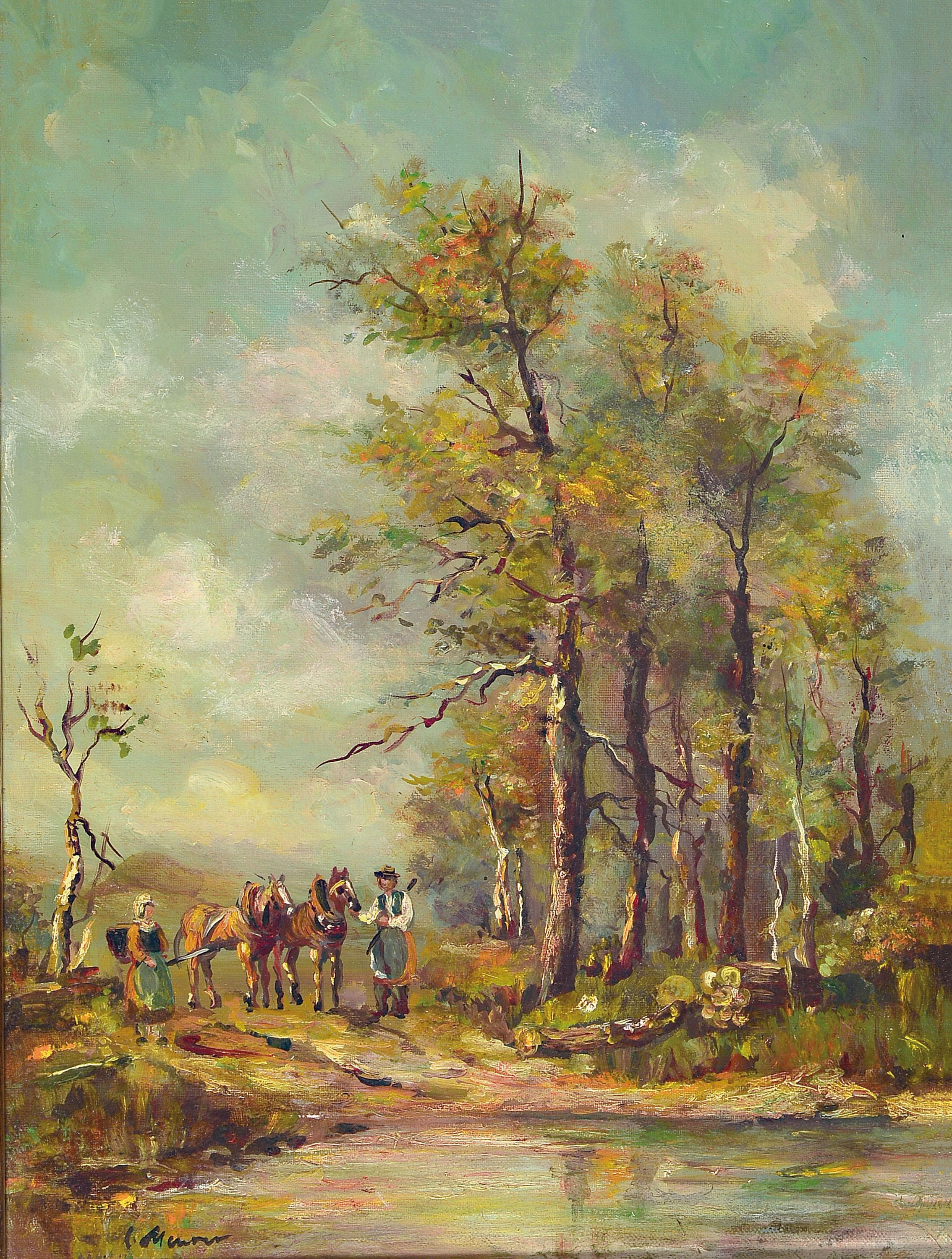 L. Maurer, Maler der 1. Hälfte des 20. Jh., Bauernpaar mit ihren Pferden am Ufer eines Gewässers, Öl/Lwd, links unten signiert, ca. 40x30cm, R. ...