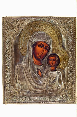 Image 26791371 - Two icons with Metalloklad, Russia, 19th/20th century, tempera on wood, brass oklad partly silver-plated, Christ as Pantocrator 22x17 cm,Marian icon 31x21 cm, aged, slight trace of use