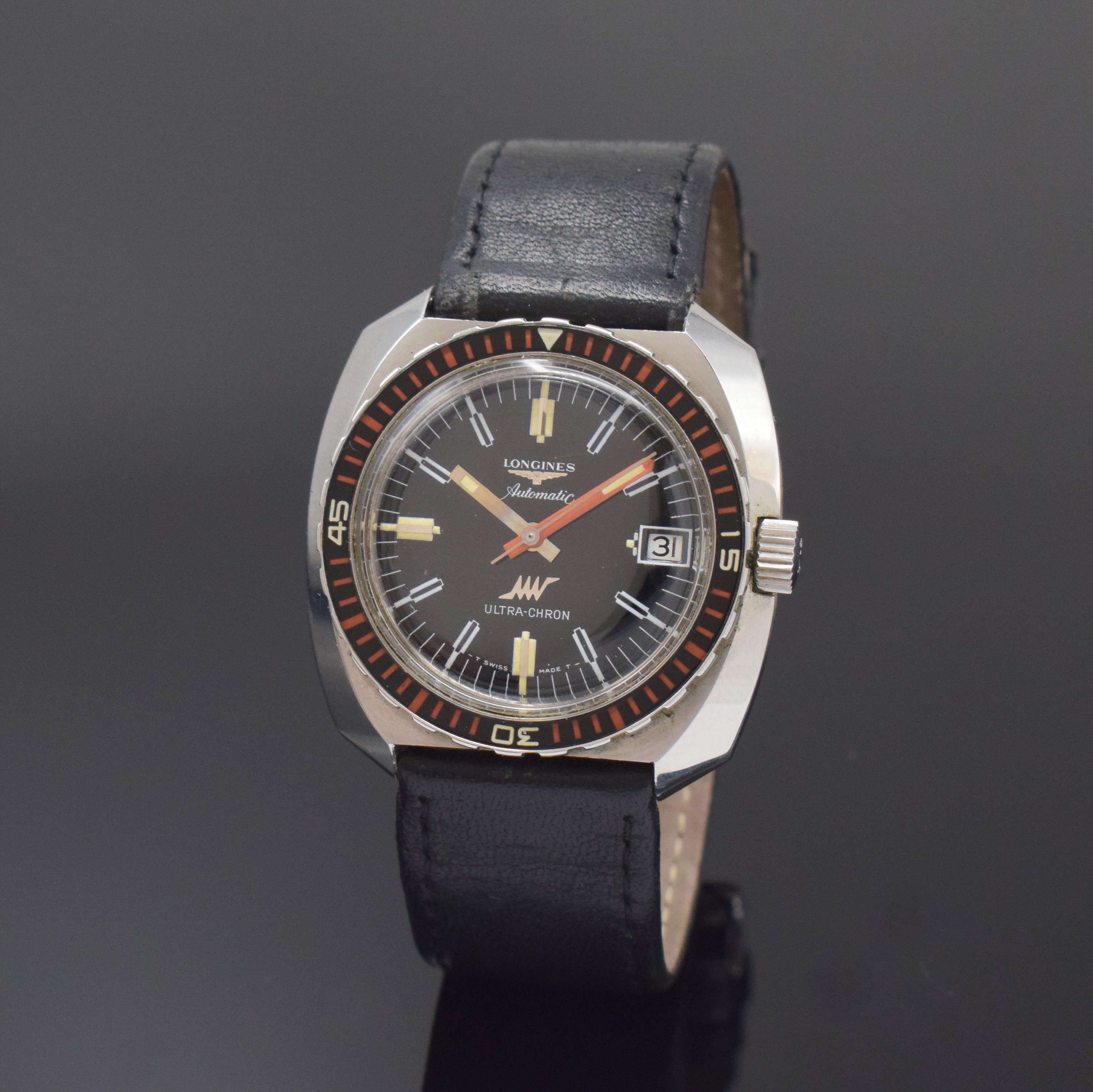 LONGINES Ultra-Chron seltene Taucheruhr Referenz 7979-2 in Stahl, Schweiz um 1970, Automatik, verschr. Geh., eins. drehbare Lünette m. 60er-Tlg., ...