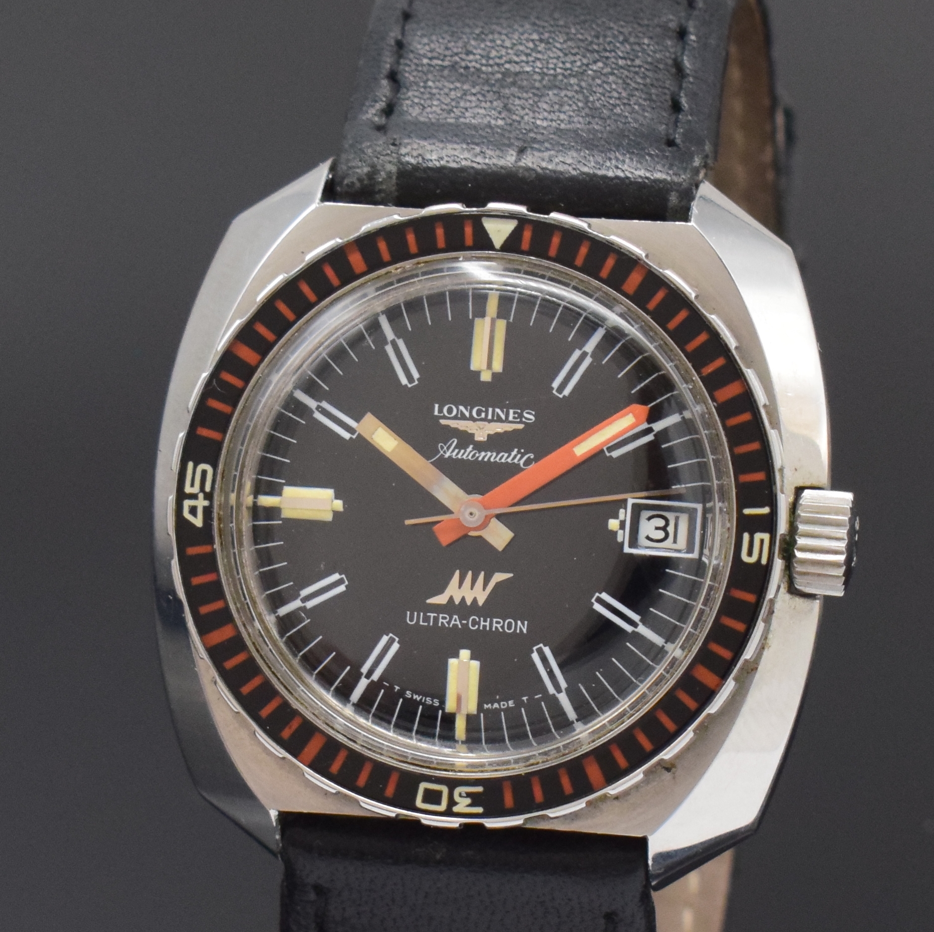 Detail a: LONGINES Ultra-Chron seltene Taucheruhr Referenz 7979-2 in Stahl, Schweiz um 1970, Automatik, verschr. Geh., eins. drehbare Lünette m. 60er-Tlg., ...