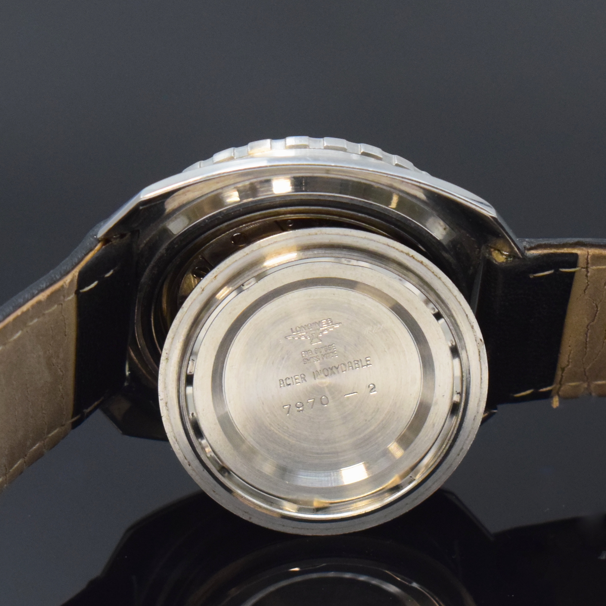 Detail f: LONGINES Ultra-Chron seltene Taucheruhr Referenz 7979-2 in Stahl, Schweiz um 1970, Automatik, verschr. Geh., eins. drehbare Lünette m. 60er-Tlg., ...