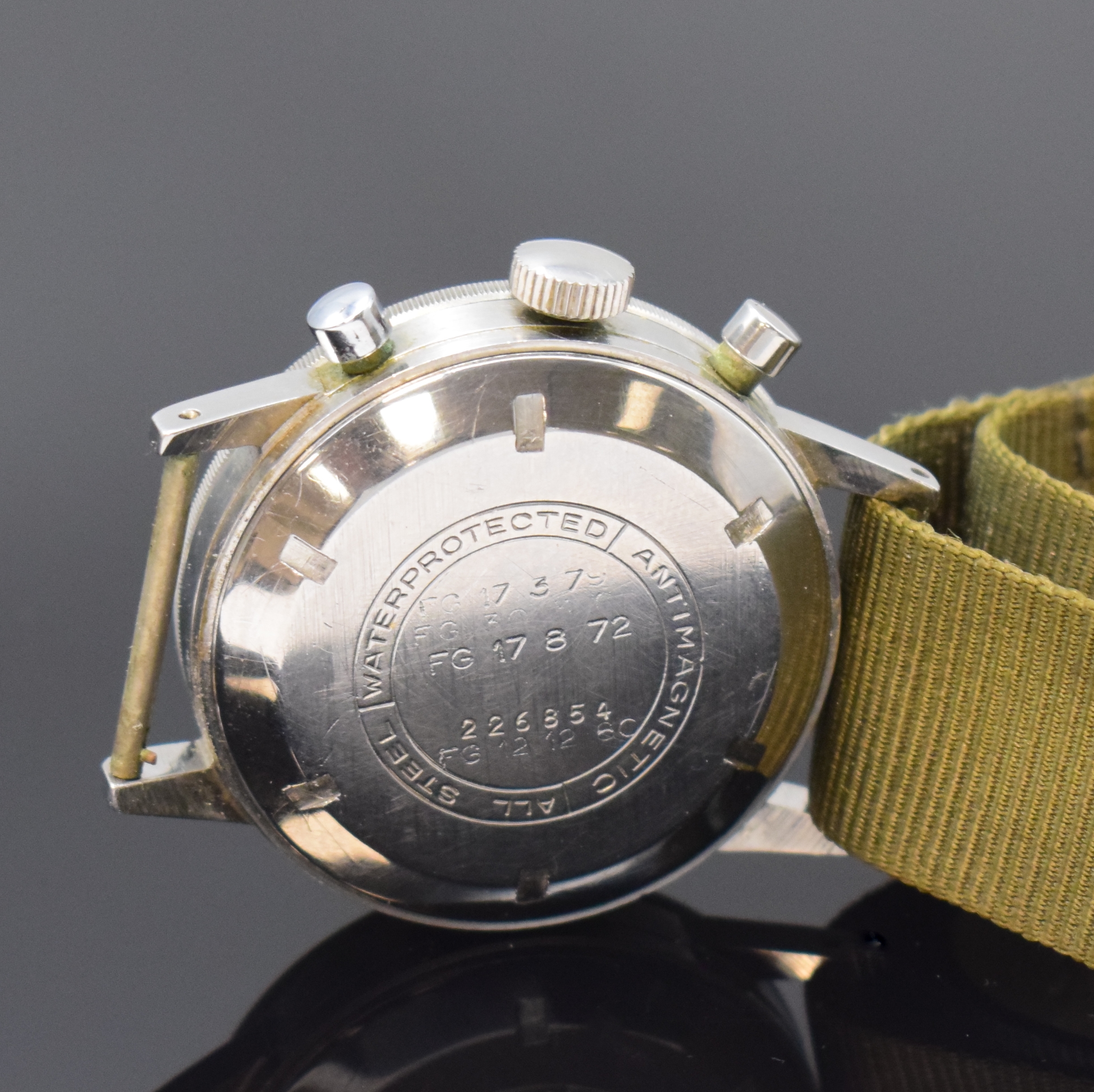 Detail c: DODANE Type 21 Flyback Flieger- Schaltradchronograph Kaliber Valjoux 222 in Stahl, Schweiz um 1960, Handaufzug, verschr. Geh., beids. drehb. ...