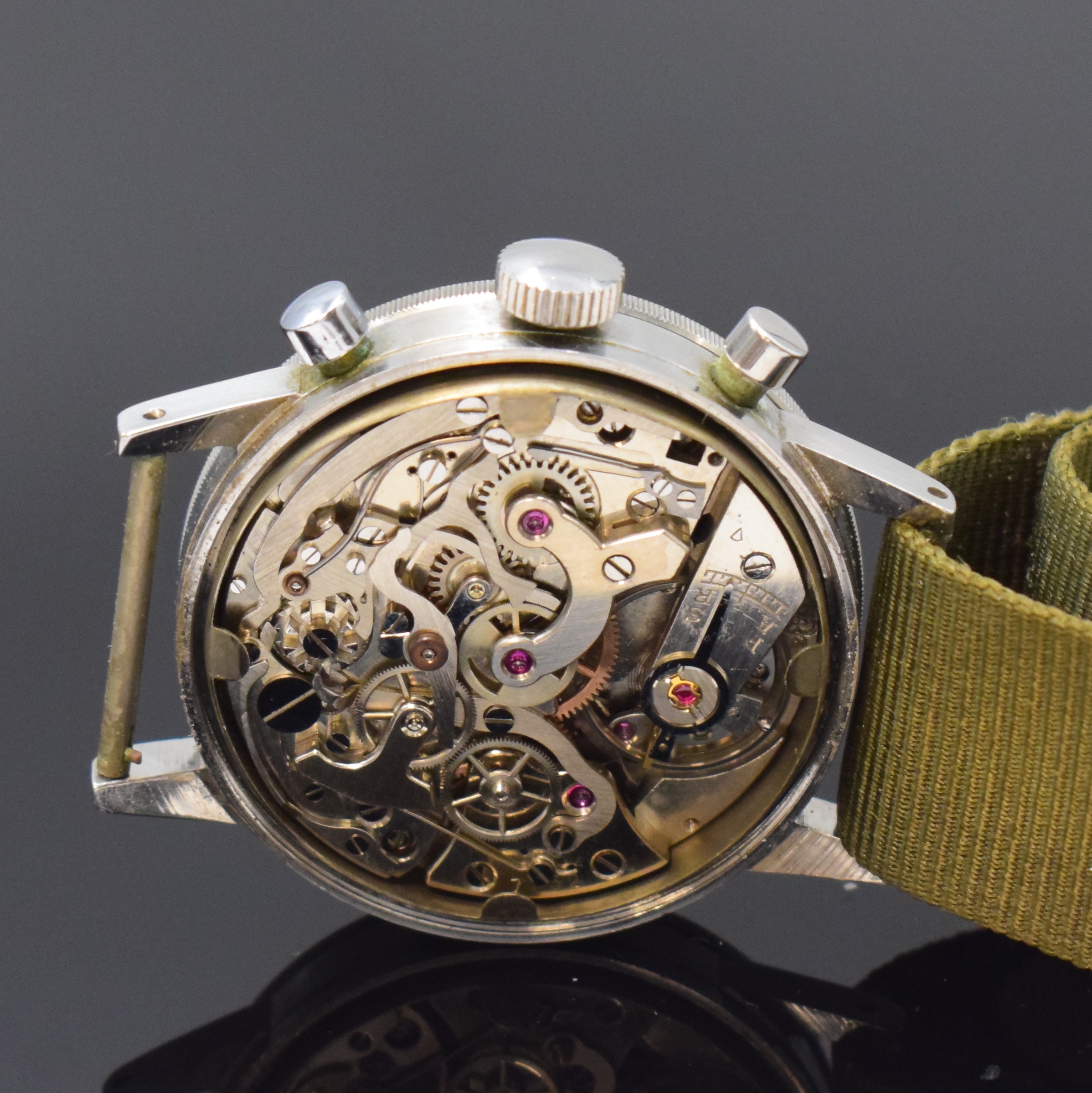 Detail d: DODANE Type 21 Flyback Flieger- Schaltradchronograph Kaliber Valjoux 222 in Stahl, Schweiz um 1960, Handaufzug, verschr. Geh., beids. drehb. ...