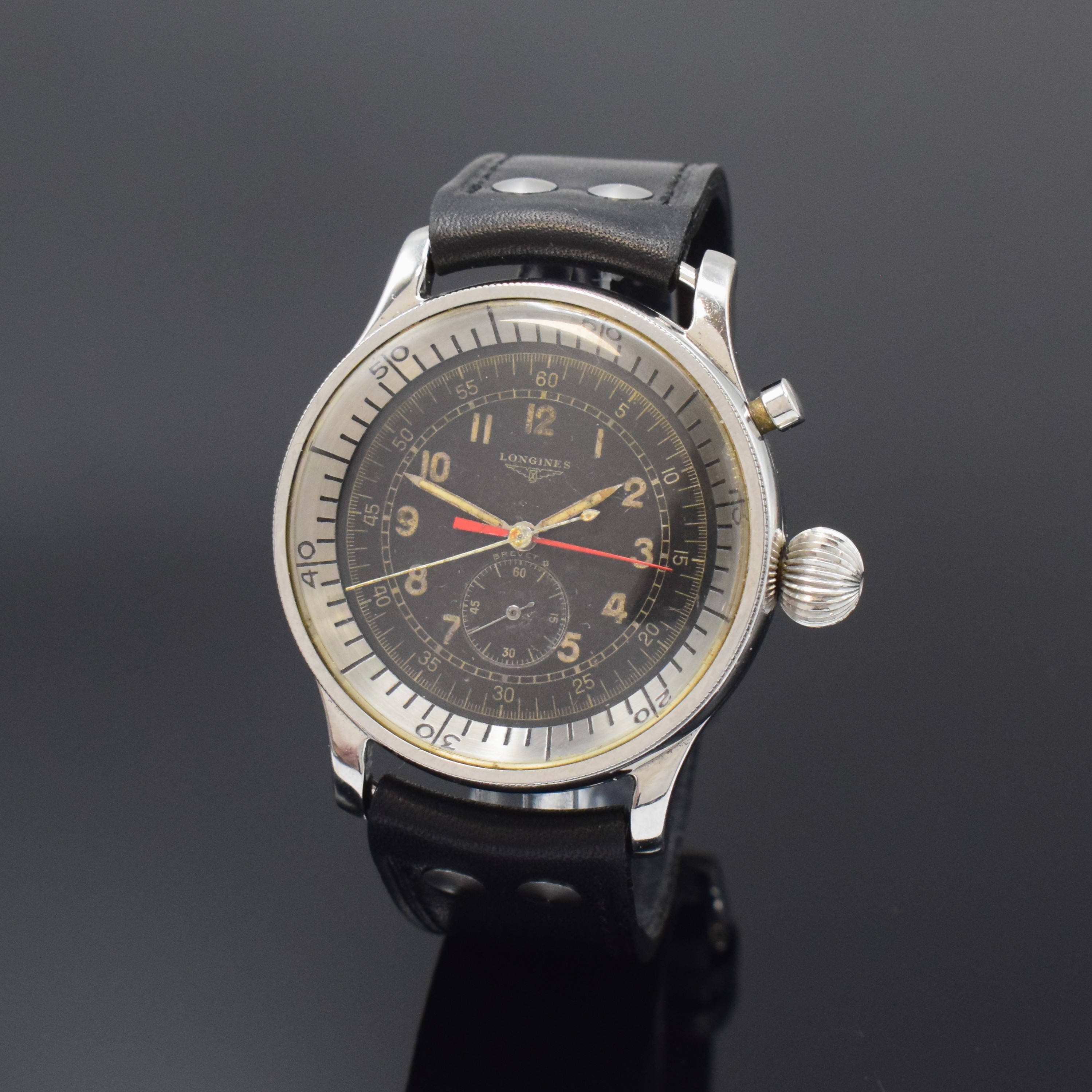 LONGINES sehr seltener, grosser Flyback Flieger-Chronograph der israelischen Luftwaffe in Stahl, Schweiz lt. Stammbuchauszug verk.1960, Handaufzug, ...
