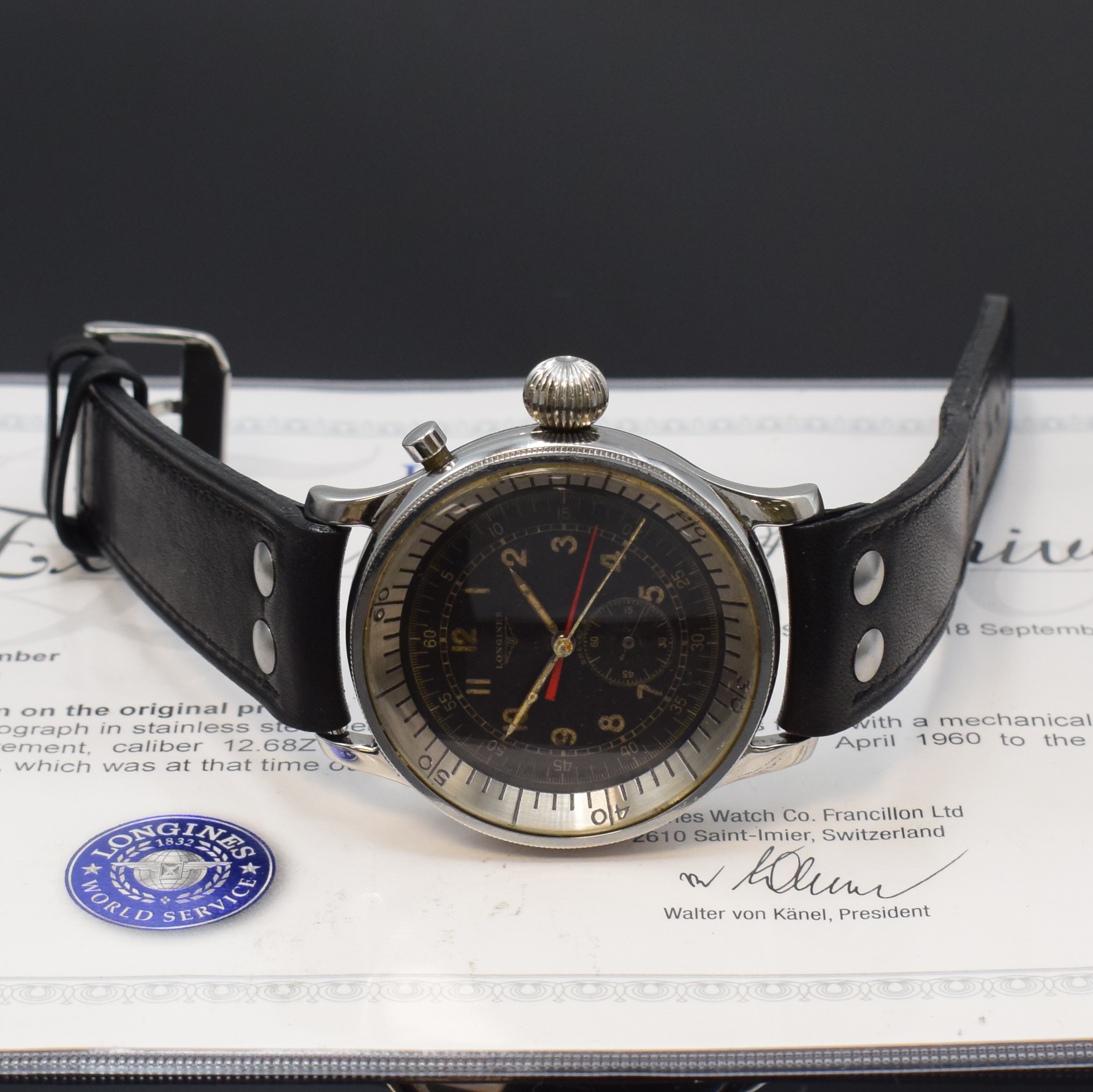 Detail f: LONGINES sehr seltener, grosser Flyback Flieger-Chronograph der israelischen Luftwaffe in Stahl, Schweiz lt. Stammbuchauszug verk.1960, Handaufzug, ...