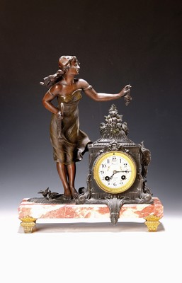 Image Pendulum, France around 1920, marble pedestal,clock with musician, in the hand one harp, ...