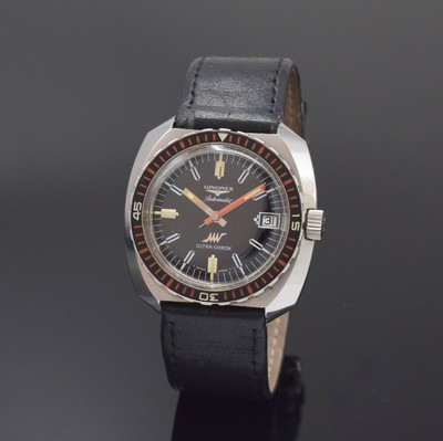 Image 26791482 - LONGINES Ultra-Chron rare diving watch reference 7979-2 in steel, Switzerland around 1970, self winding, screwed down case, unidirectional revolving bezel with 60- minutes-graduation, original winding crown, black shiny-dial, original hands, date at 3, rhodium plated movement calibre 431, 17 jewels, precision adjustment, 4 adjustments, diameter approx. 41 mm, condition 2, property of a collector