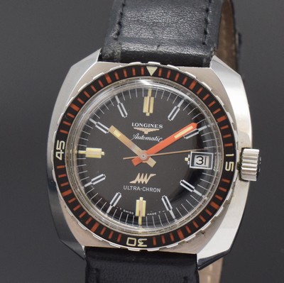 26791482a - LONGINES Ultra-Chron rare diving watch reference 7979-2 in steel, Switzerland around 1970, self winding, screwed down case, unidirectional revolving bezel with 60- minutes-graduation, original winding crown, black shiny-dial, original hands, date at 3, rhodium plated movement calibre 431, 17 jewels, precision adjustment, 4 adjustments, diameter approx. 41 mm, condition 2, property of a collector
