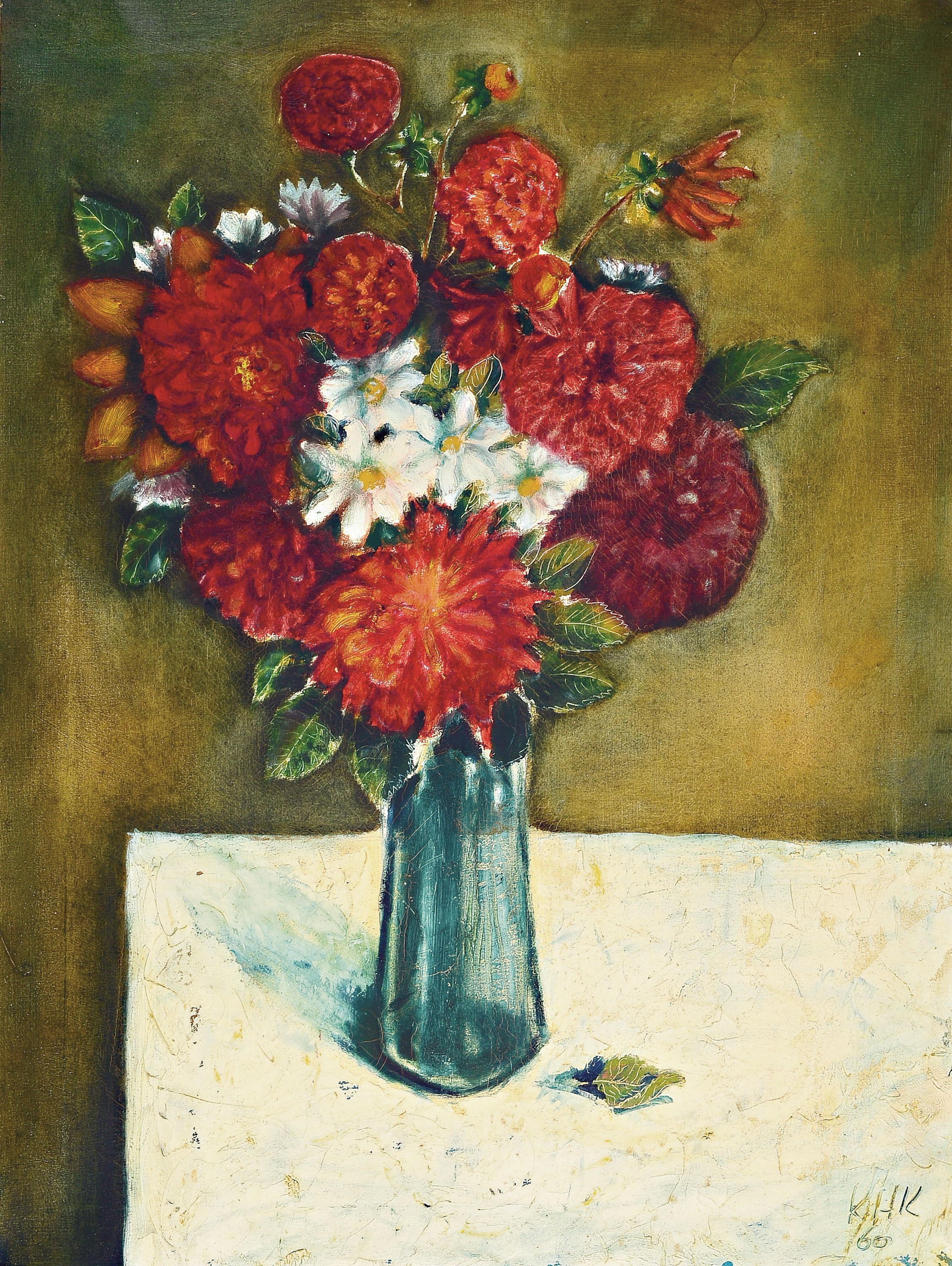 Klaus Heinrich Keller, 1938 Godramstein-2018 , Blumenstillleben, Frühwerk, signiert und datiert 1960, Öl/Lwd, Rahmen, 81x64 cm
