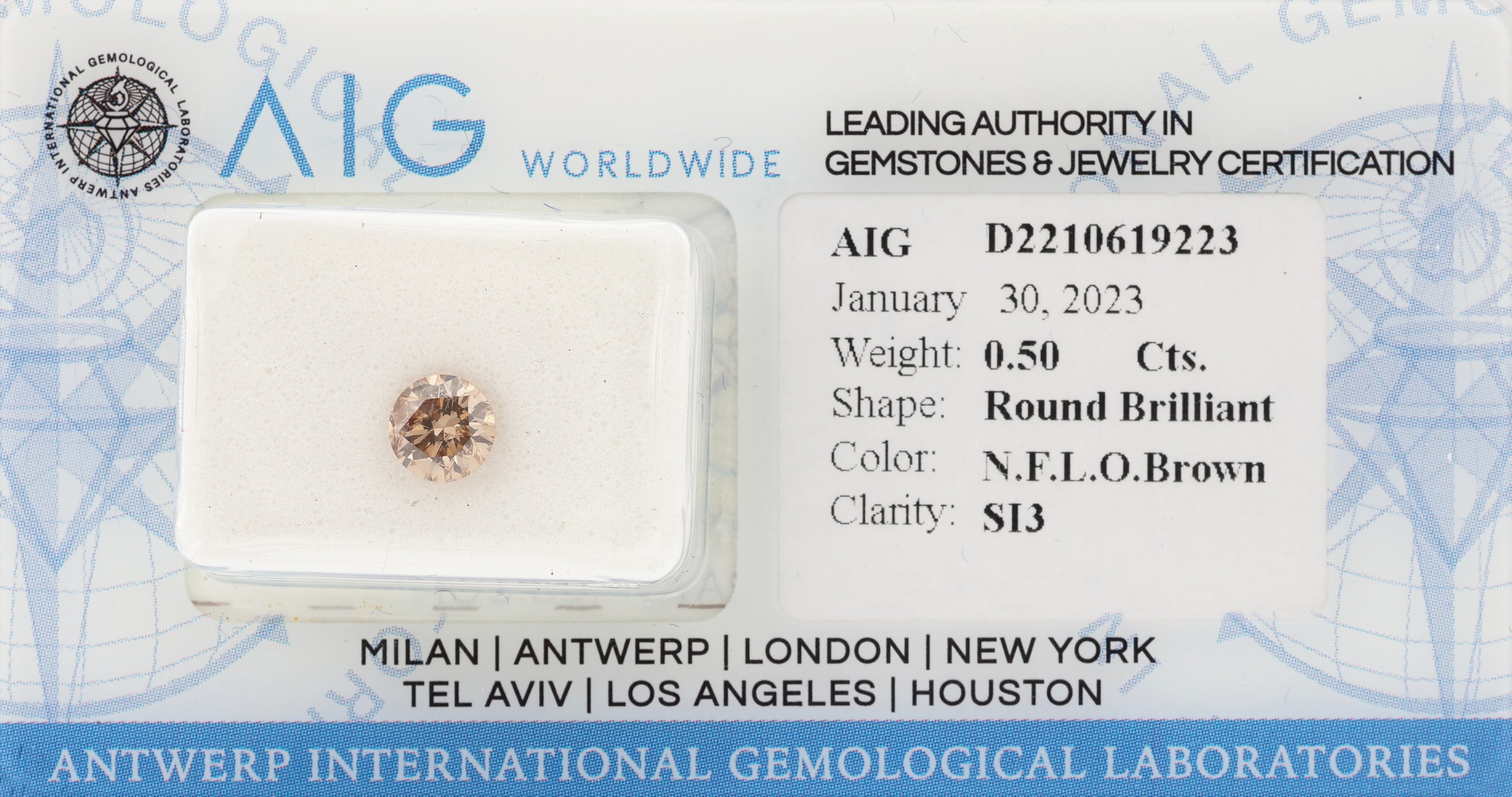 Loser Brillant 0.50 ct, Natural Fancy LightOrangy Brown/si3, ca. 5.03 x 4.99 x 3.11 mm, verschweißt, mit AIG Expertise, 01/2023