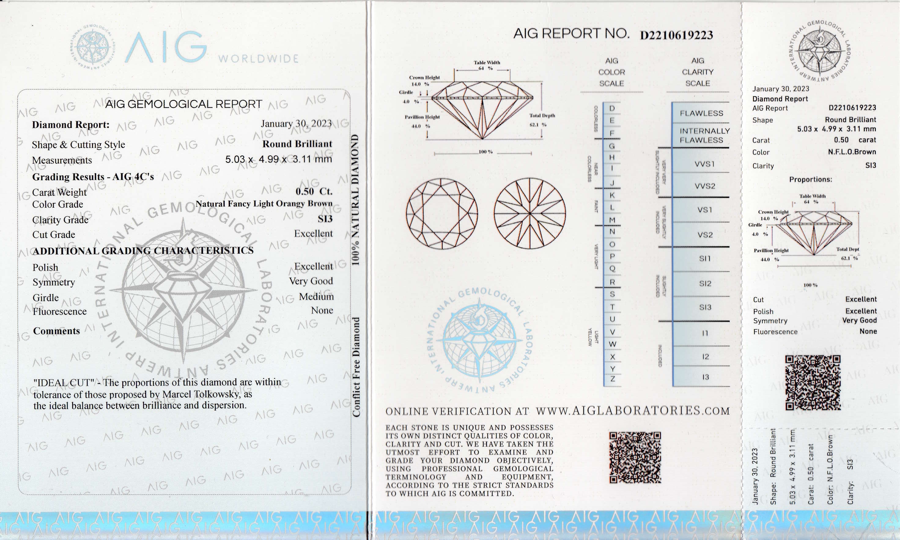 Detail a: Loser Brillant 0.50 ct, Natural Fancy LightOrangy Brown/si3, ca. 5.03 x 4.99 x 3.11 mm, verschweißt, mit AIG Expertise, 01/2023