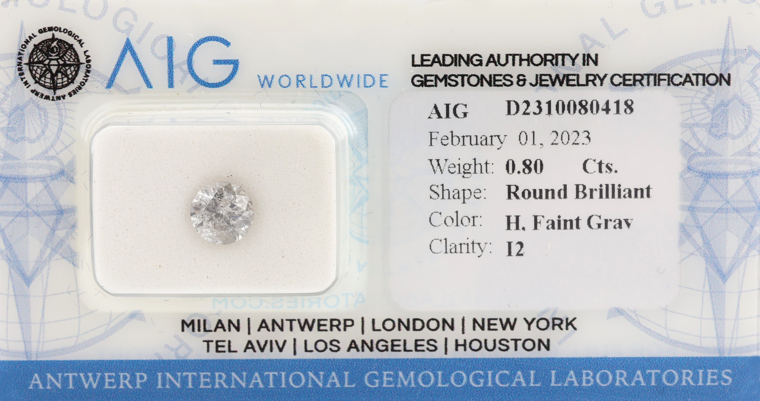 Loser Brillant 0.80 ct, H Faint Grey/p2 verschweißt, mit AIG Expertise, 02/2023