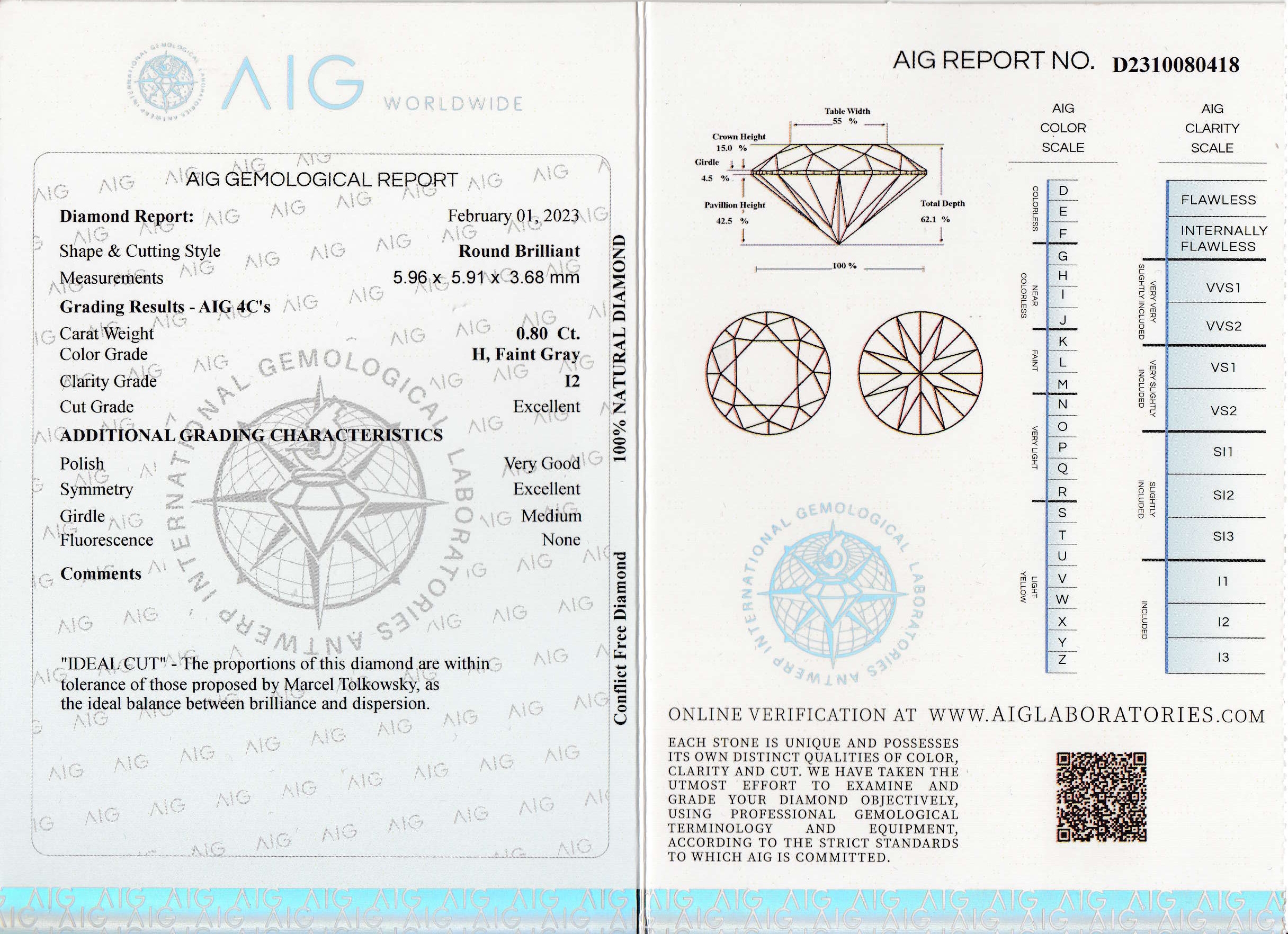 Detail a: Loser Brillant 0.80 ct, H Faint Grey/p2 verschweißt, mit AIG Expertise, 02/2023