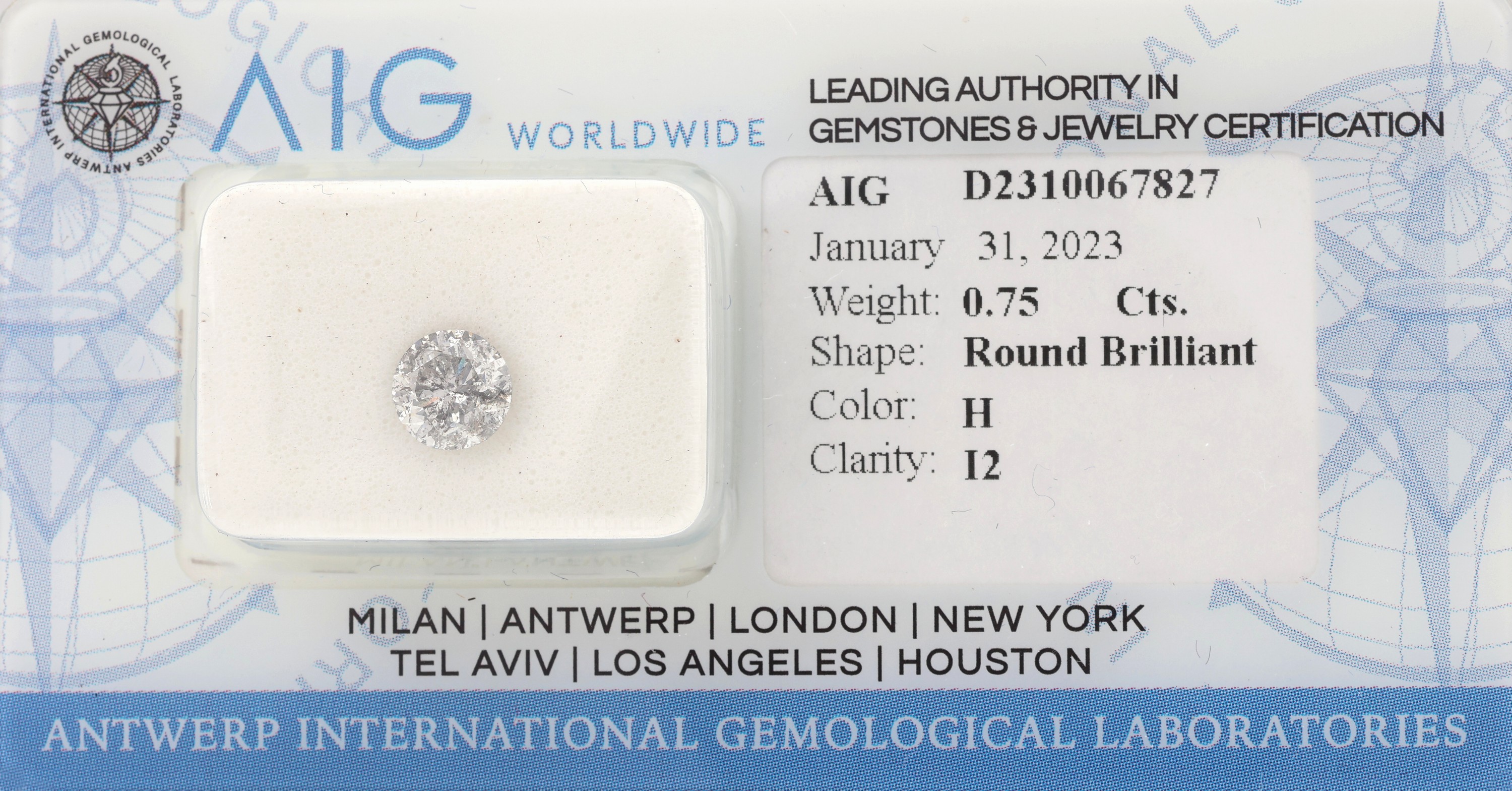 Loser Brillant 0.75 ct, Weiß/p2, 5.67 x 5.65 x 3.64 mm, verschweißt, mit AIG Expertise, 01/2023