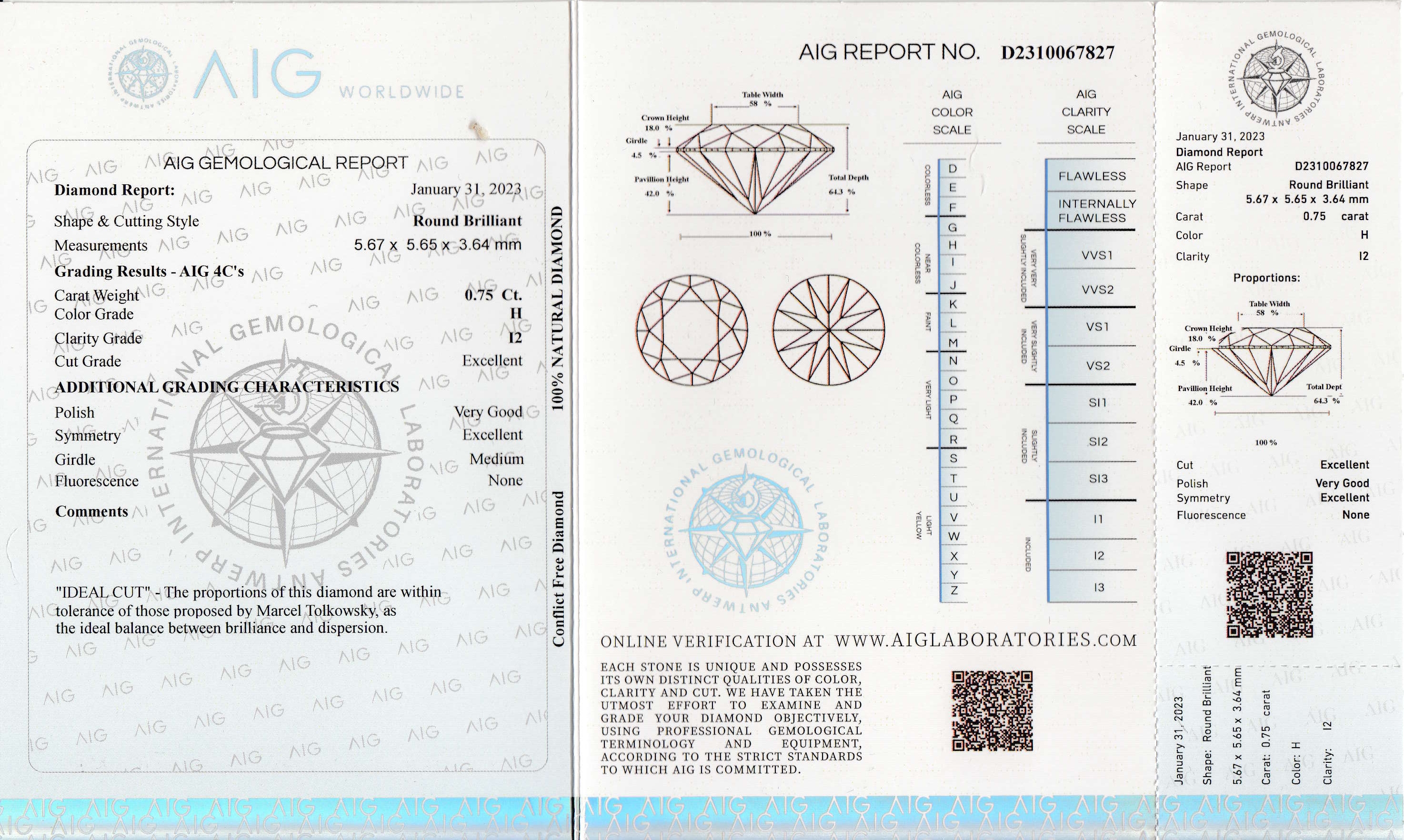 Detail a: Loser Brillant 0.75 ct, Weiß/p2, 5.67 x 5.65 x 3.64 mm, verschweißt, mit AIG Expertise, 01/2023