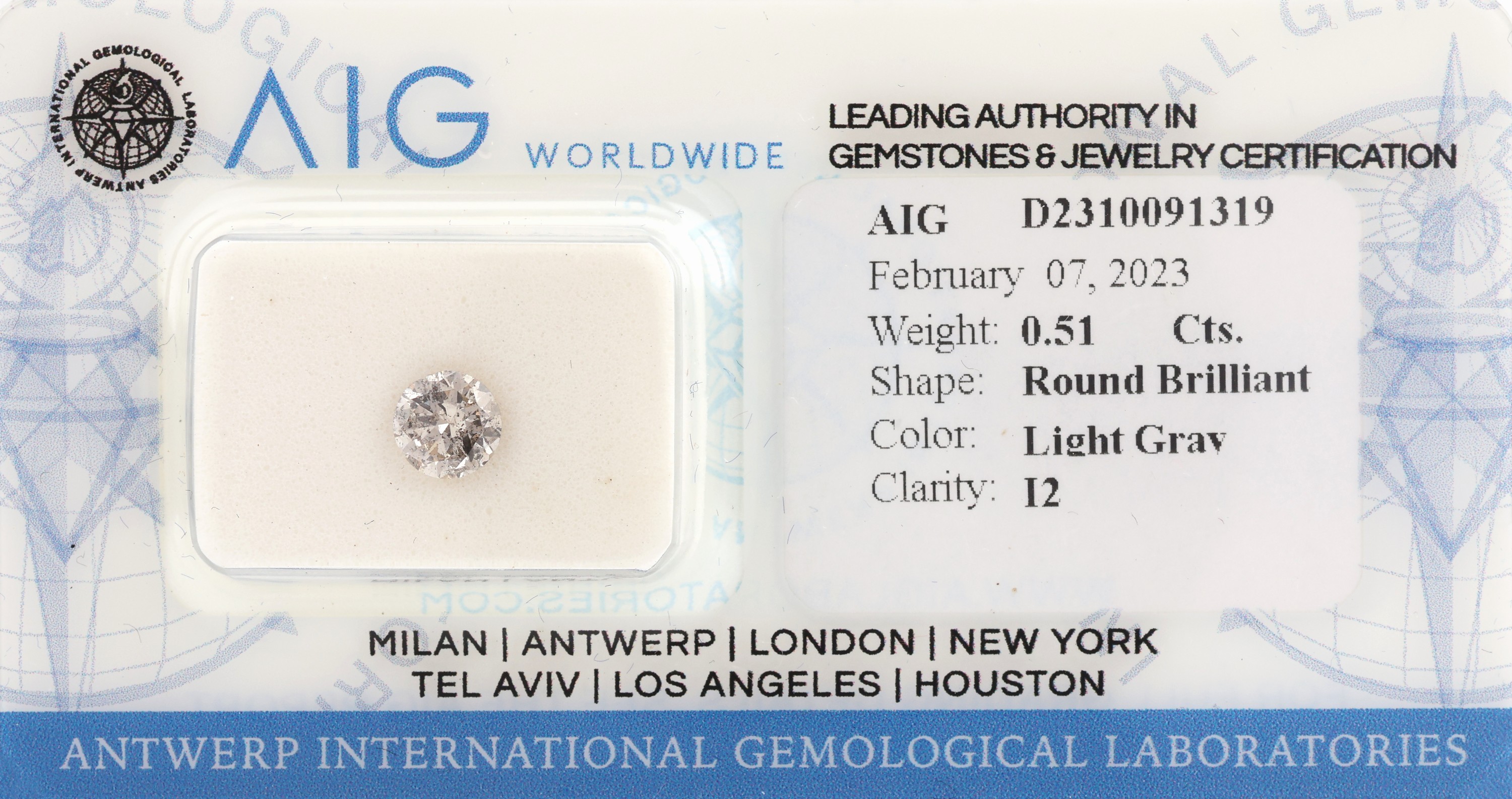Loser Brillant 0.51 ct, Light Gray/p2, verschweißt, mit AIG Expertise, 02/2023
