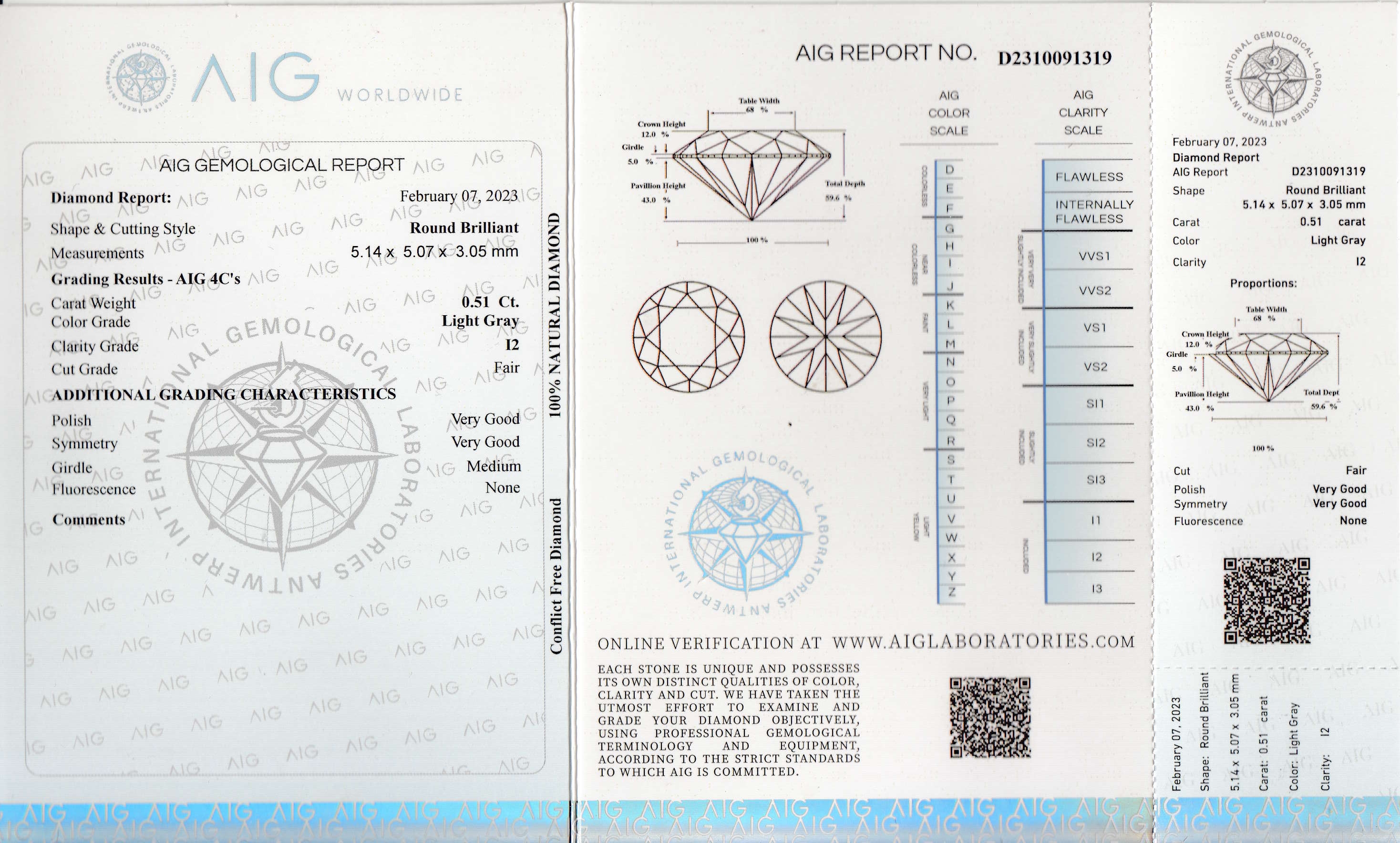 Detail a: Loser Brillant 0.51 ct, Light Gray/p2, verschweißt, mit AIG Expertise, 02/2023