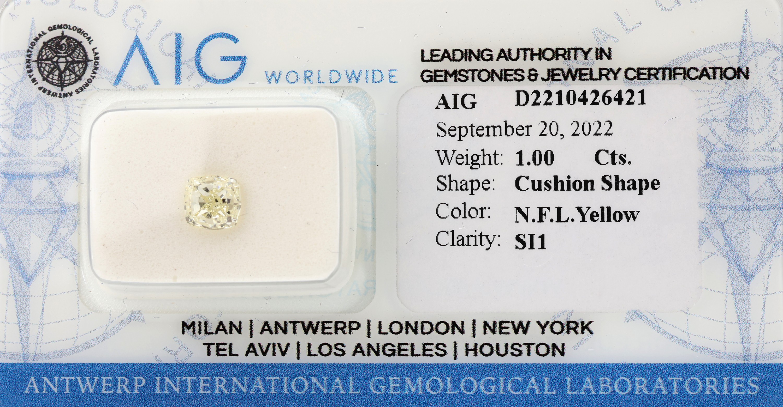 Loser Cushion-Cut Diamant ca. 1.00 ct, Natural Fancy Light Yellow/si1, verschweißt, mit AIG Expertise, 09/22