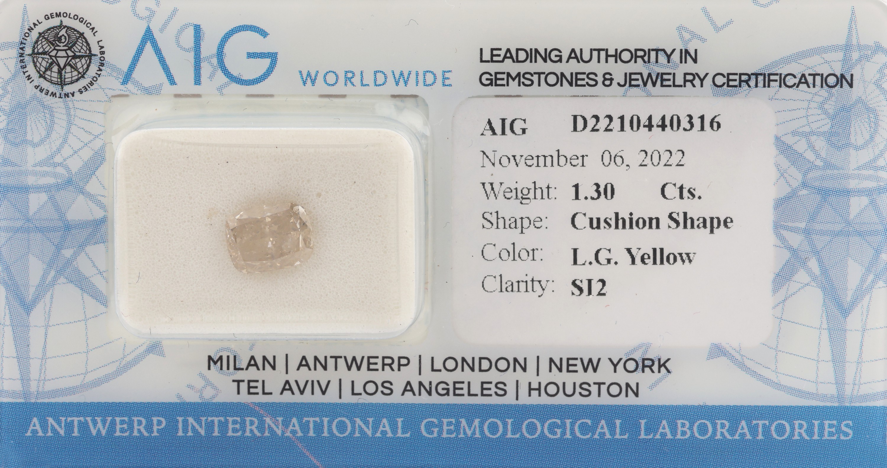 Loser Cushion-Cut Diamant ca. 1.30 ct, Light Grayish Yellow/si2, verschweisst, mit AIGExpertise, 11/2022