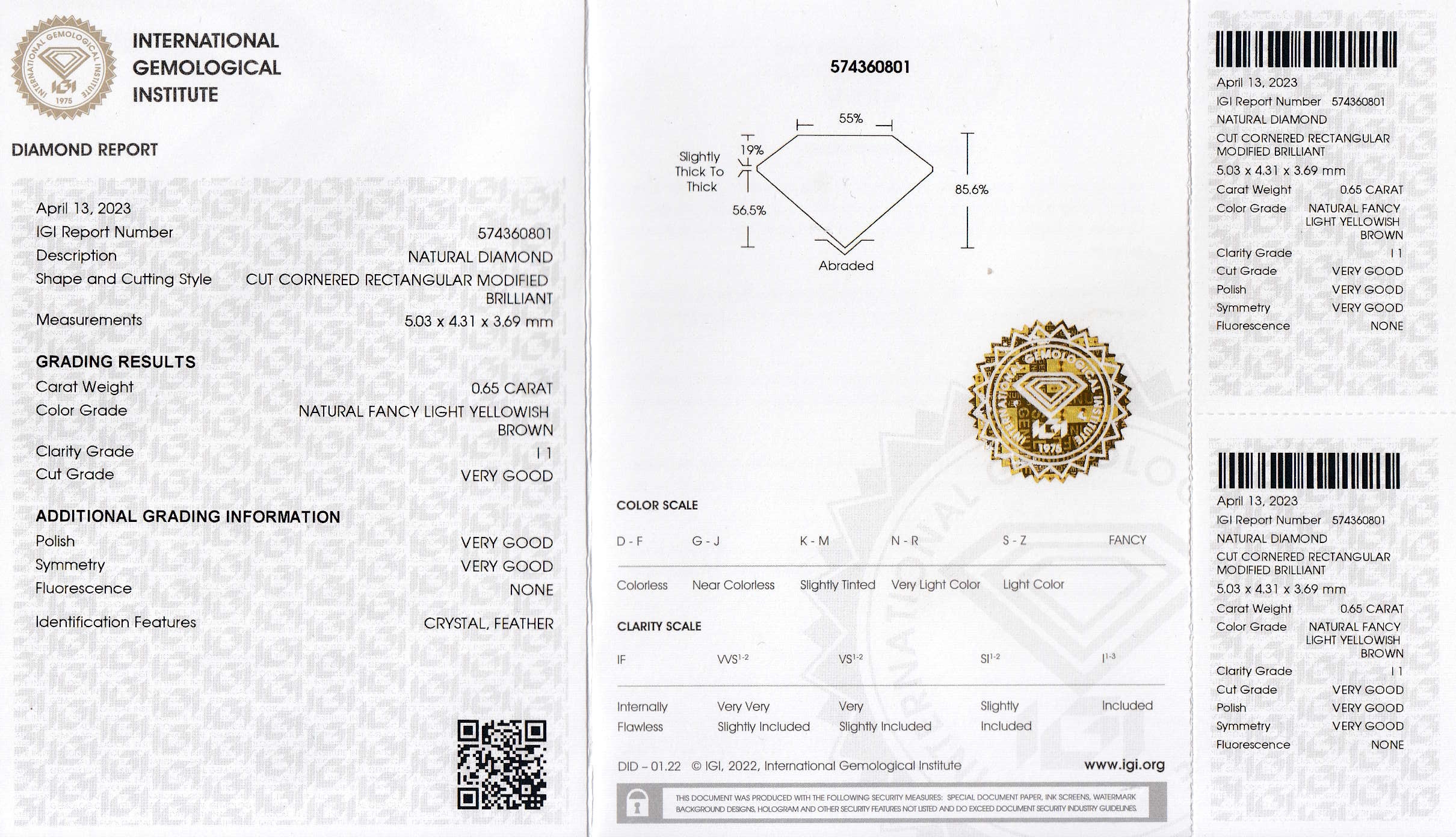 Detail a: Loser Diamant ca. 0.65 ct, Natural Fancy Yellowish Brown/p1, Rectangular Cut, verschweißt, mit IGI Expertise, 04/2023