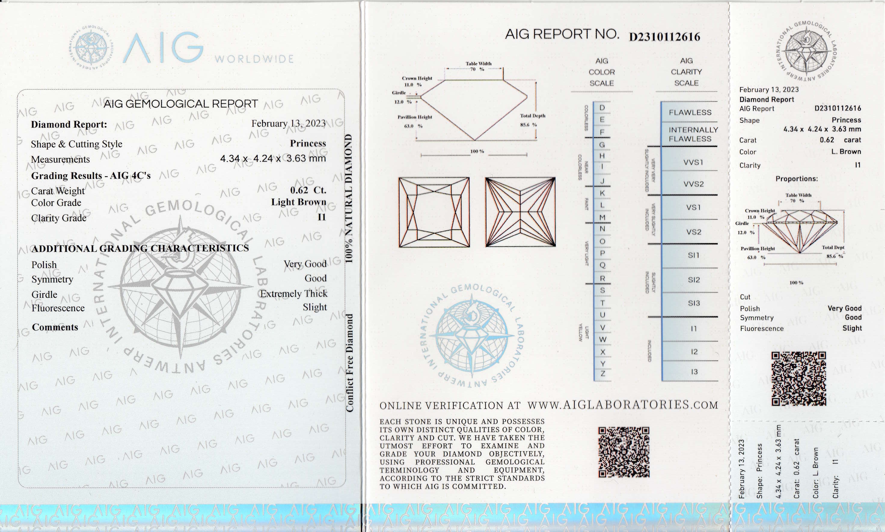 Detail a: Loser Princess-Cut Diamant 0.62 ct, Light Brown/p1, 4.34 x 4.24 x 3.63 mm, verschweißt, mit AIG Expertise, 02/2023