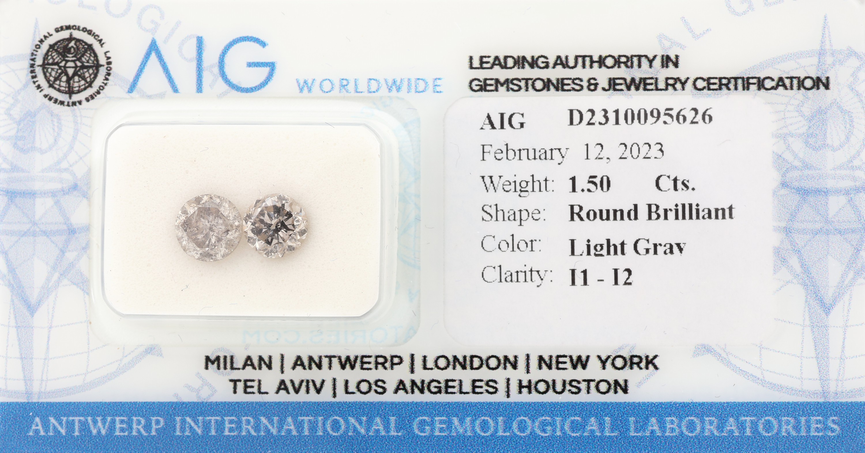 Lot 2 lose Brillanten zus. 1.50 ct, Light Gray/p1-2, verschweißt, mit AIG Expertise, 02/2023