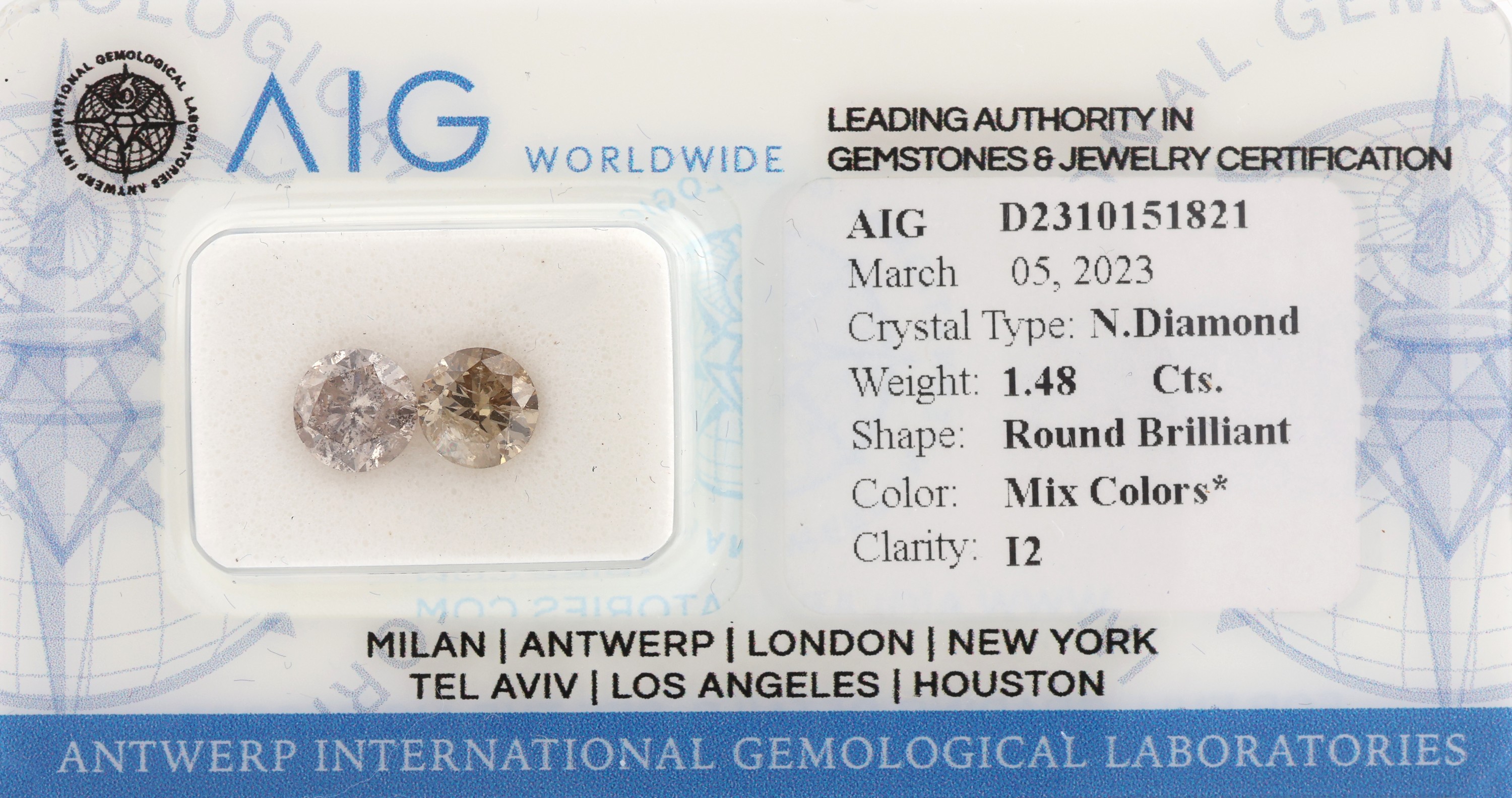 Lot 2 lose Brillanten zus. ca. 1.48 ct, Light Brownish Yellow-Light Grayish Brown/p2, verschweißt, mit AIG Expertise, 03/2023