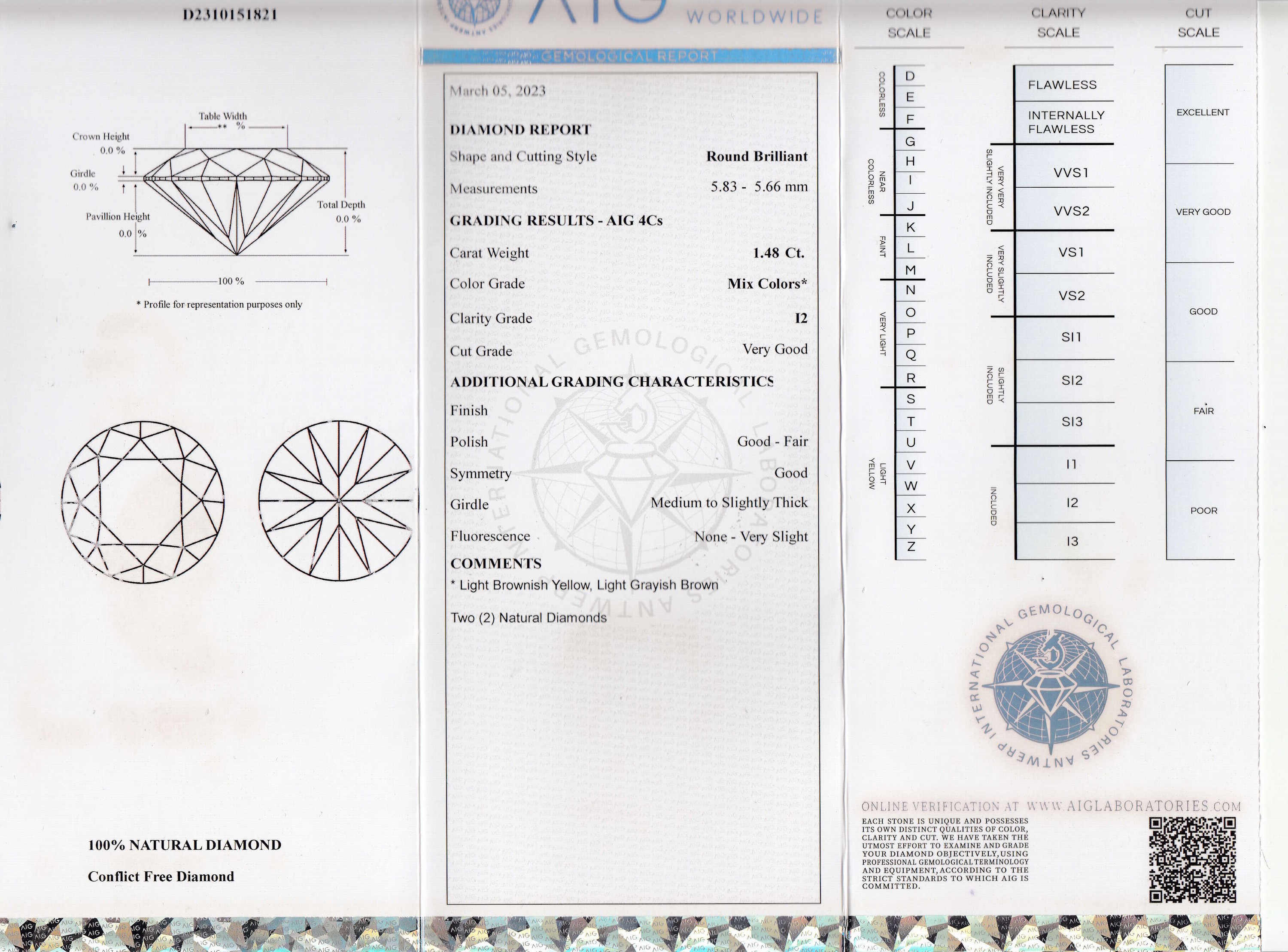 Detail a: Lot 2 lose Brillanten zus. ca. 1.48 ct, Light Brownish Yellow-Light Grayish Brown/p2, verschweißt, mit AIG Expertise, 03/2023