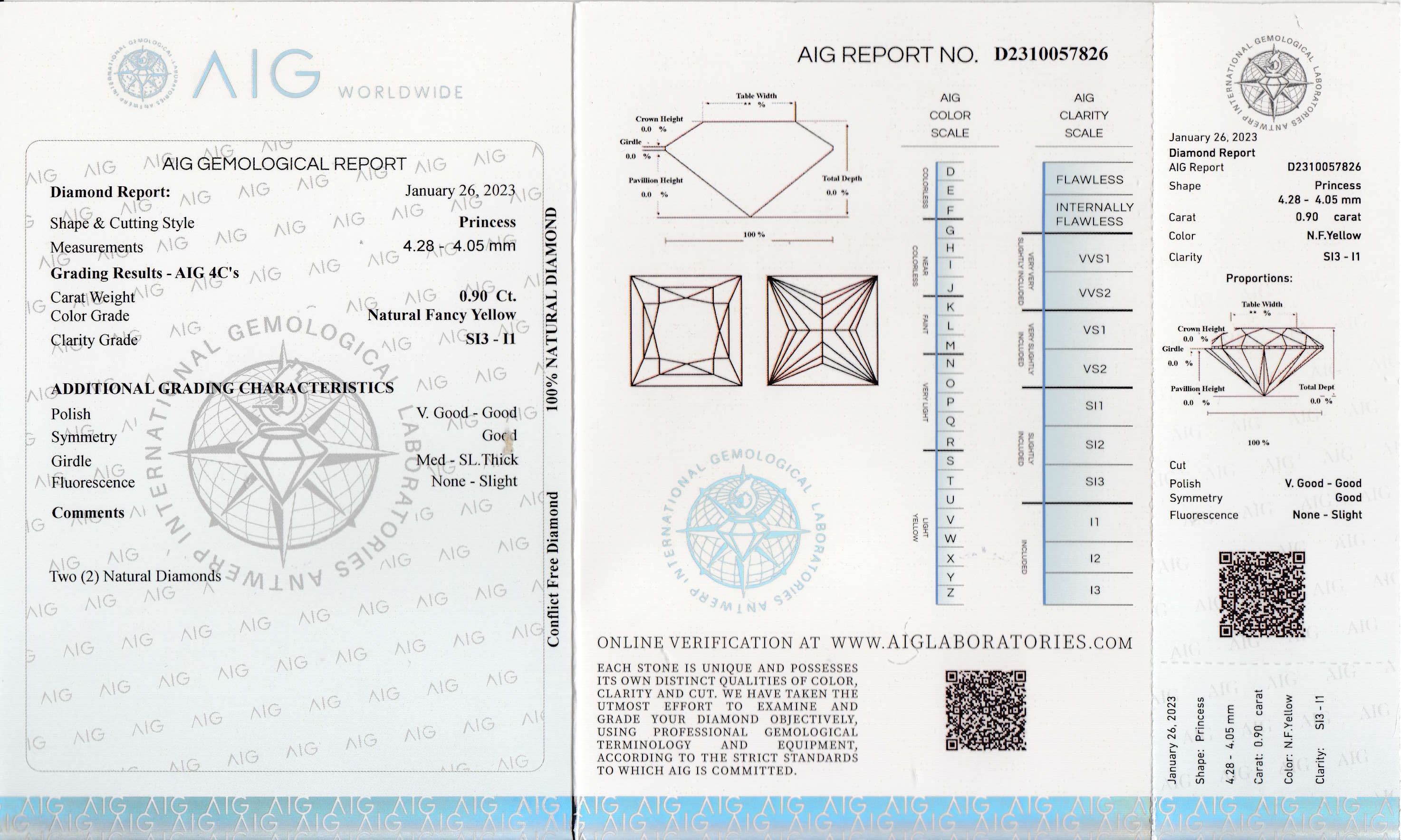 Detail a: Lot 2 lose Princess-Cut Diamanten zus. ca. 0.90 ct, Natural Fancy Yellow/si3-p1, verschweißt, mit AIG Expertise, 01/2023