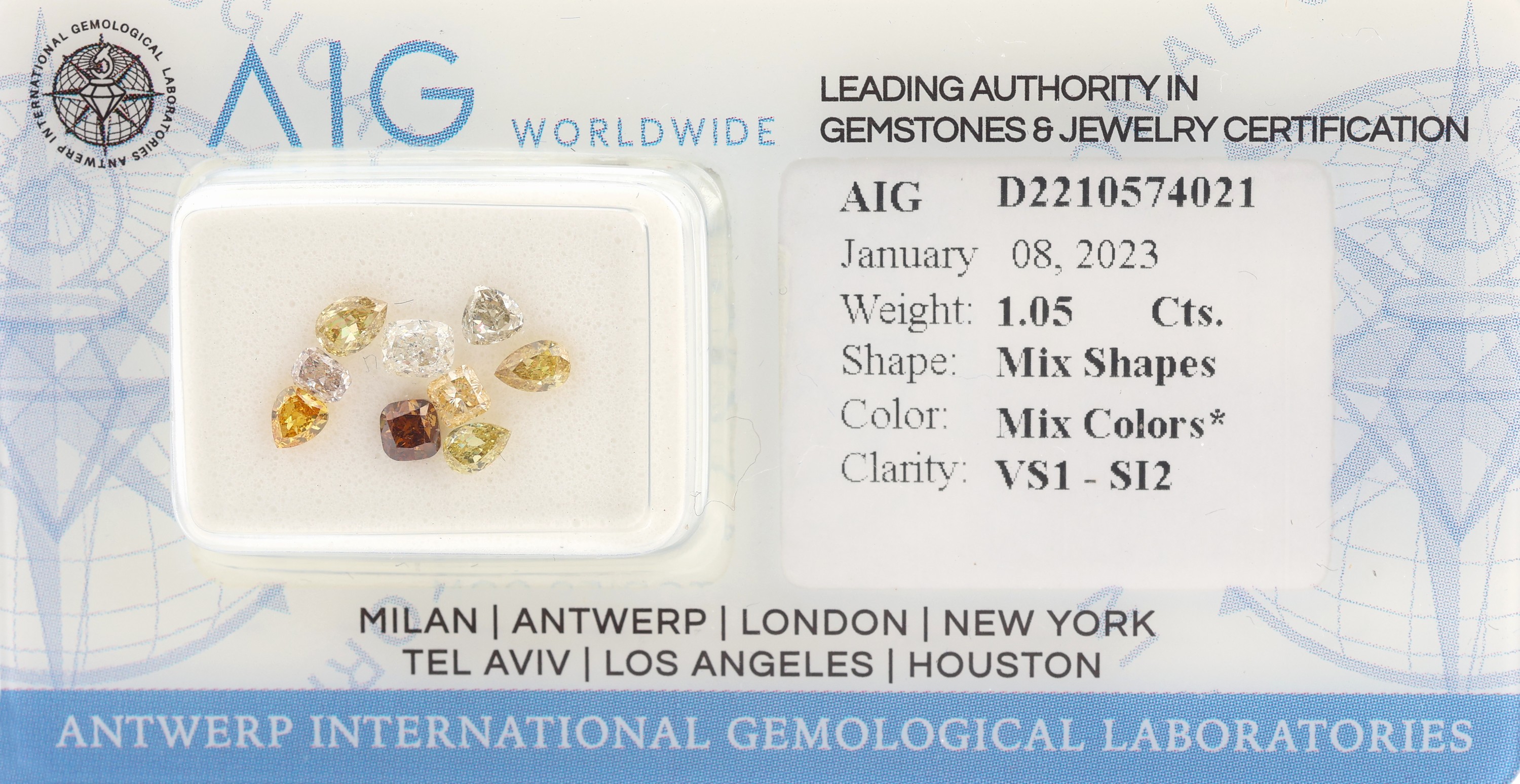 Lot lose Diamanten zus. 1.05 ct, 9 Diamanten in versch. Größen, Formen und Farben/vs1-si2, verschweißt, mit AIG Expertise, 01/2023