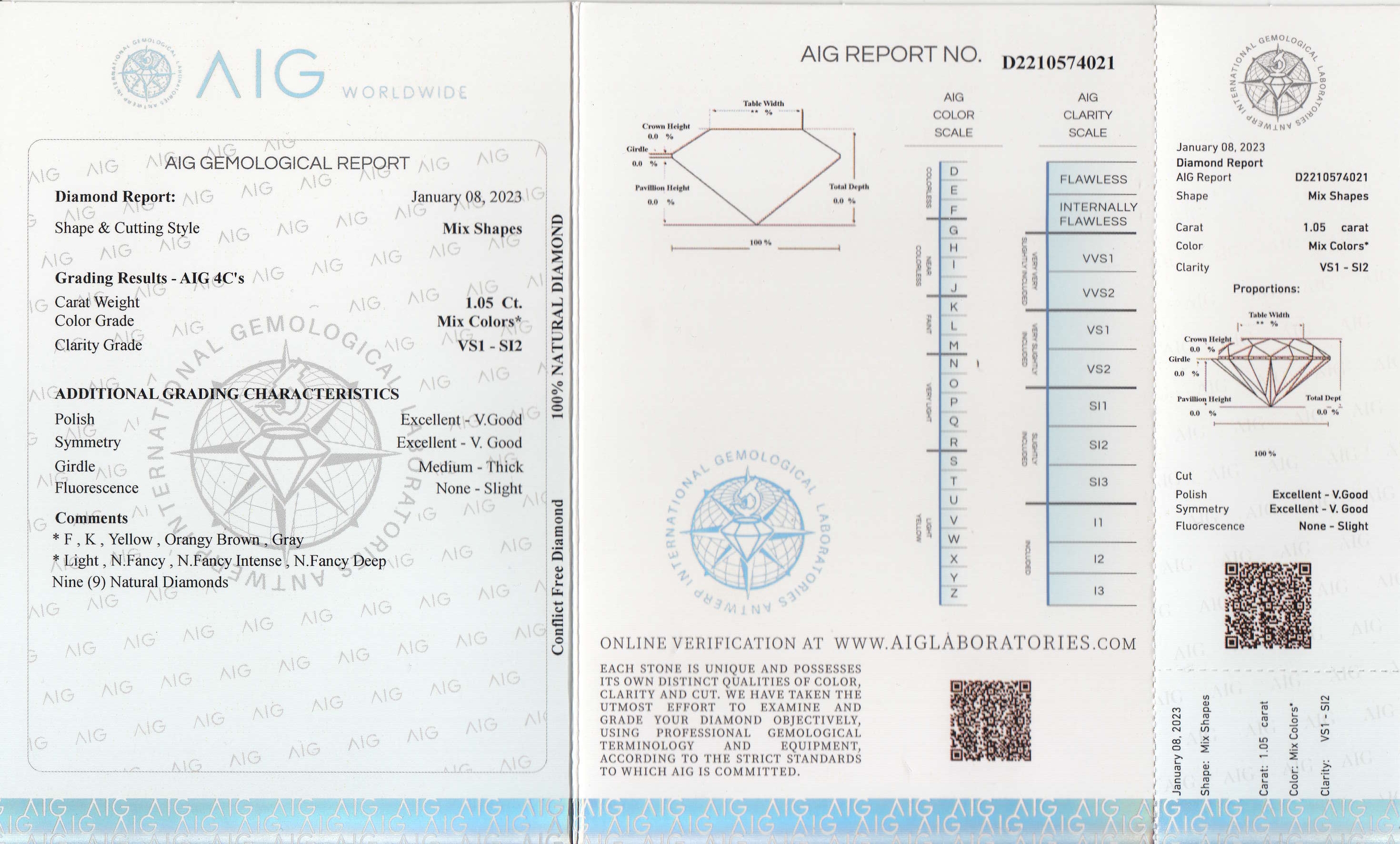 Detail a: Lot lose Diamanten zus. 1.05 ct, 9 Diamanten in versch. Größen, Formen und Farben/vs1-si2, verschweißt, mit AIG Expertise, 01/2023