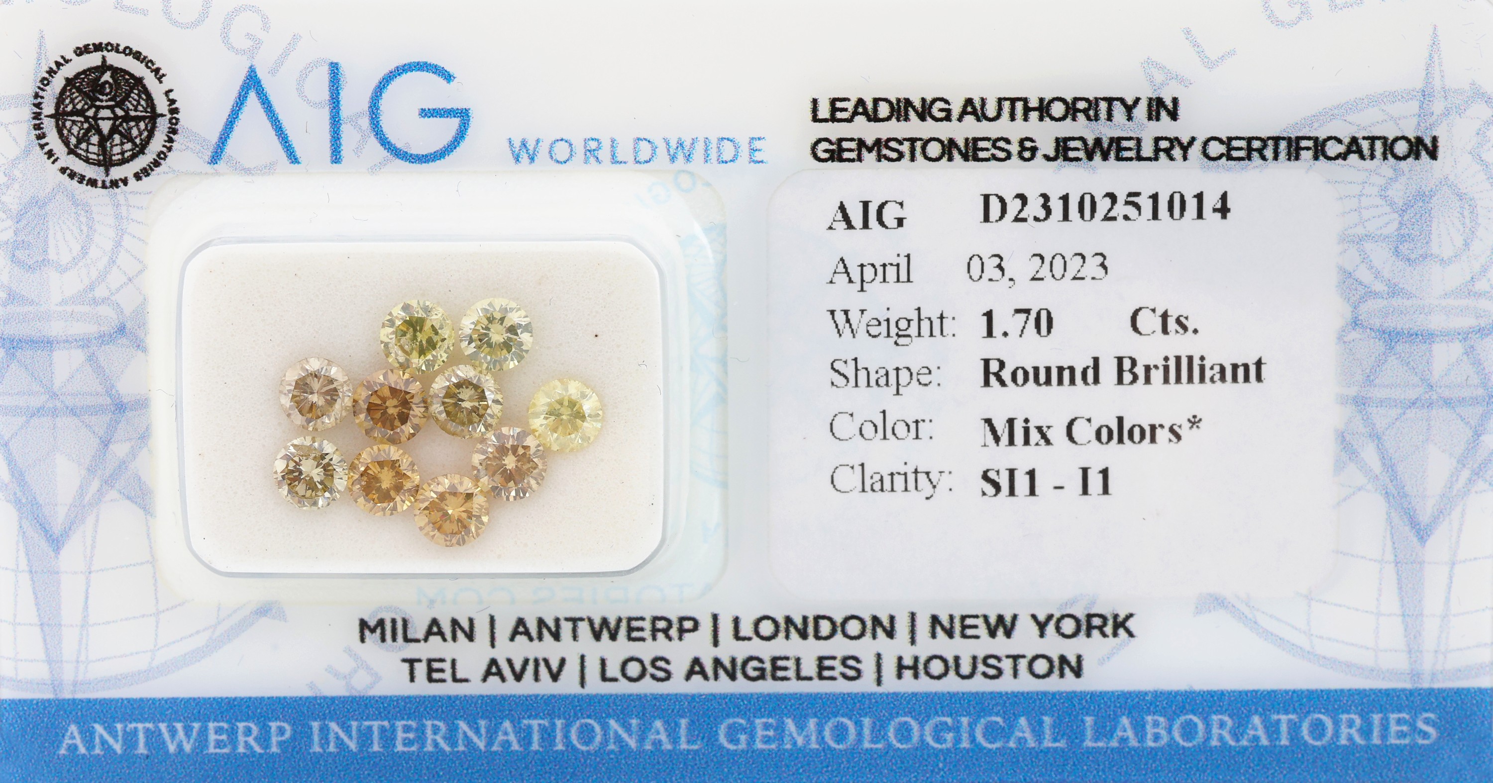 Lot lose Brillanten zus. 1.70 ct, 10 Brillanten in versch., Farben/si1-p 1, verschweißt, mit AIG Expertise, 04/2023