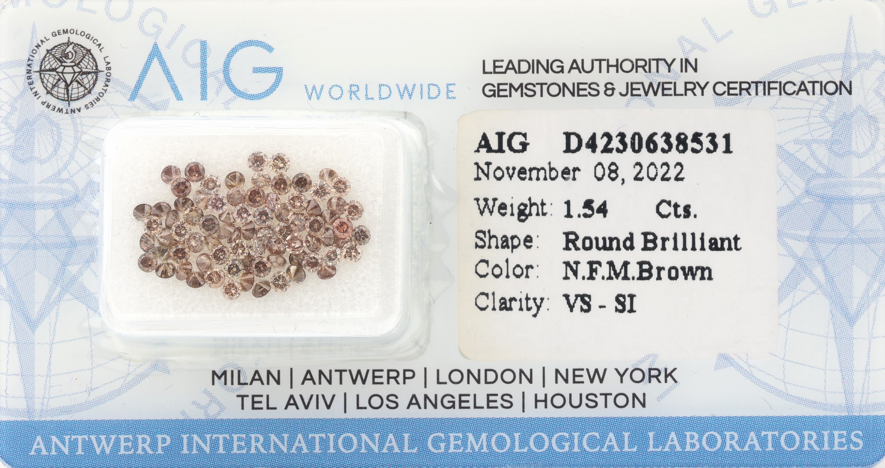 Lot lose Brillanten zus. 1.54 ct, Brown/vs-si,verschweißt, mit AIG Expertise, 11/2022