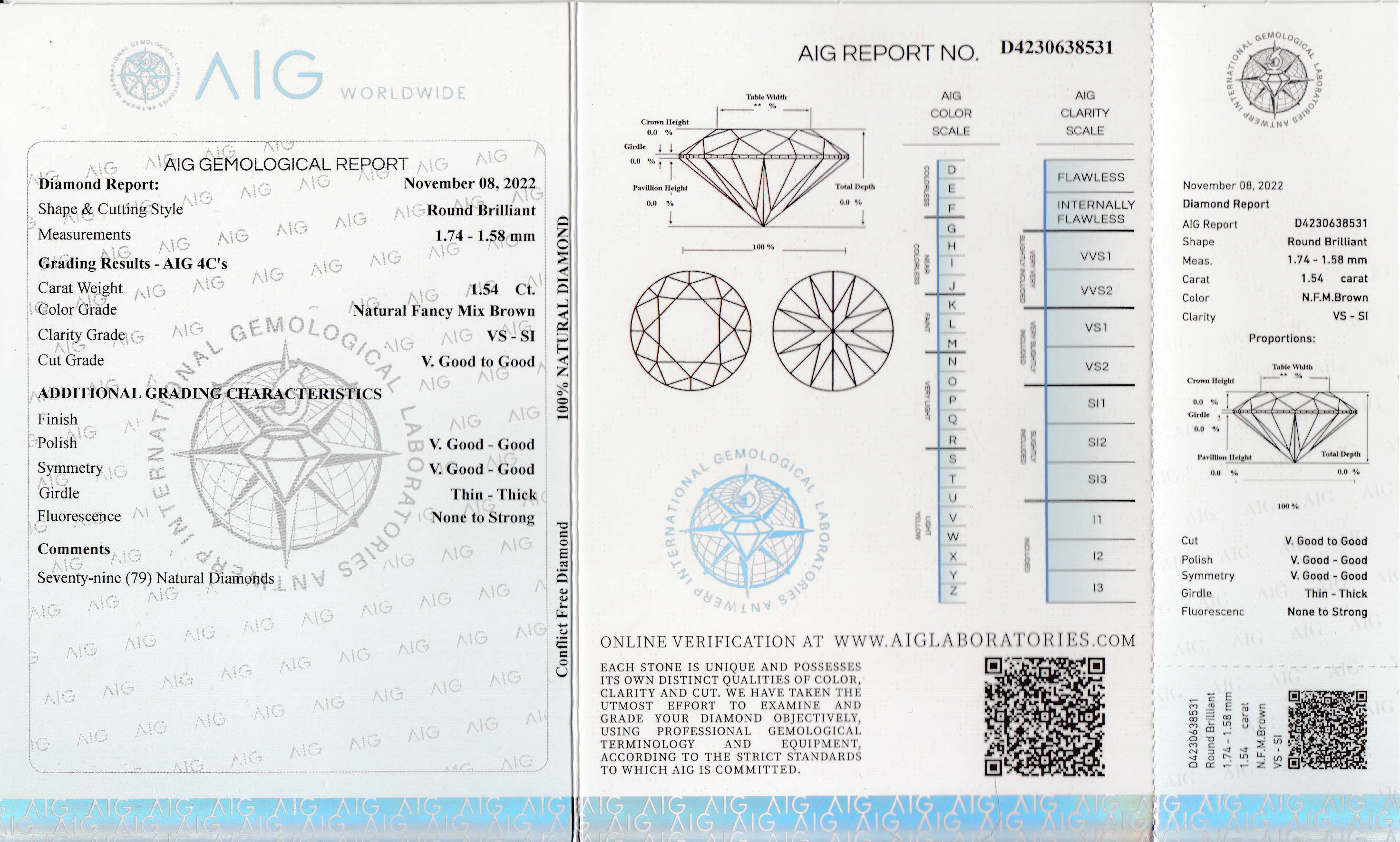 Detail a: Lot lose Brillanten zus. 1.54 ct, Brown/vs-si,verschweißt, mit AIG Expertise, 11/2022