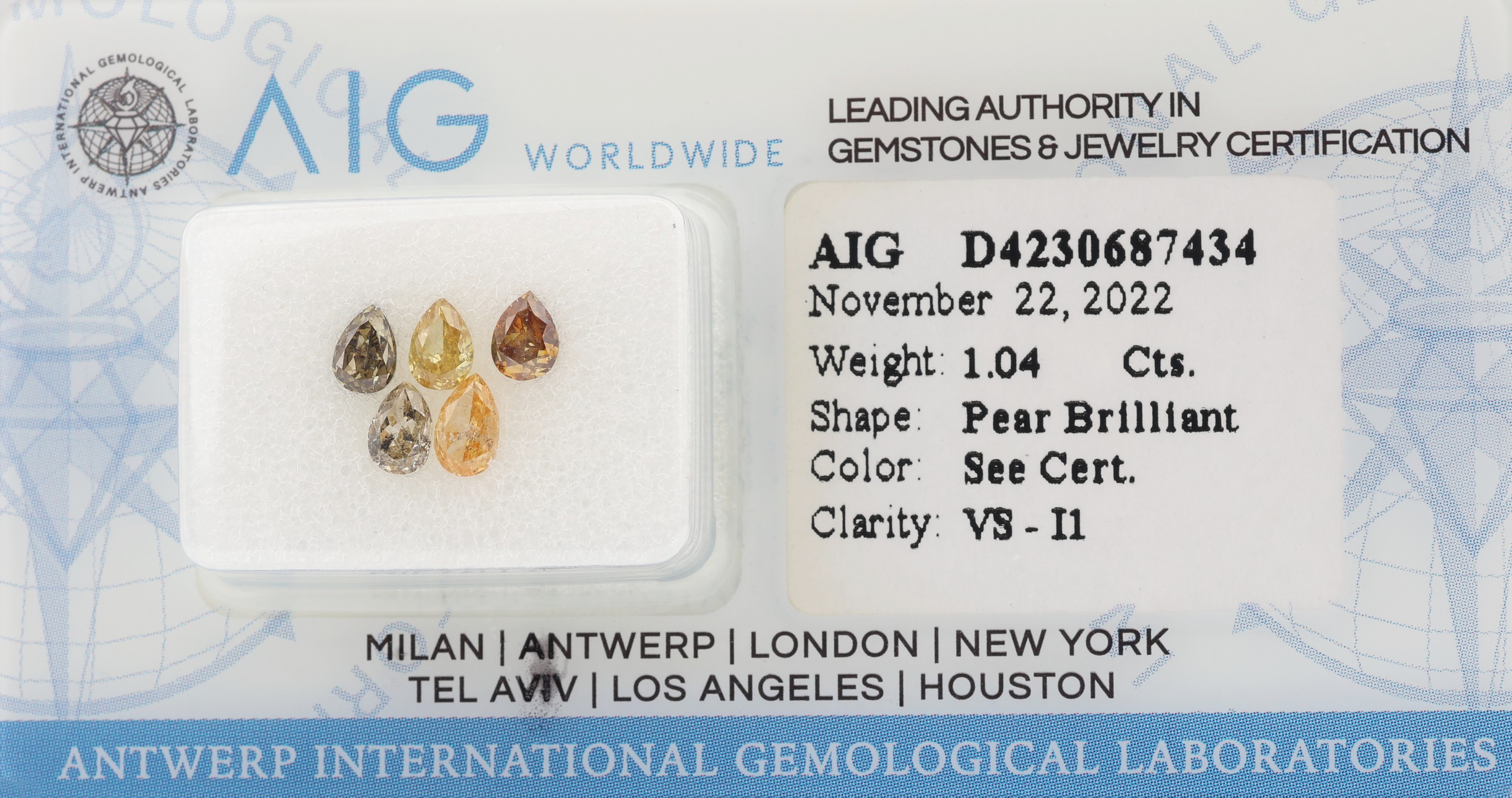 Lot lose Diamanten zus. 1.04 ct, tropfen- förmig facett., Natural Fancy Mix Yellow-Brown/vs-p1,verschweißt, mit AIG Expertise, 11/2022