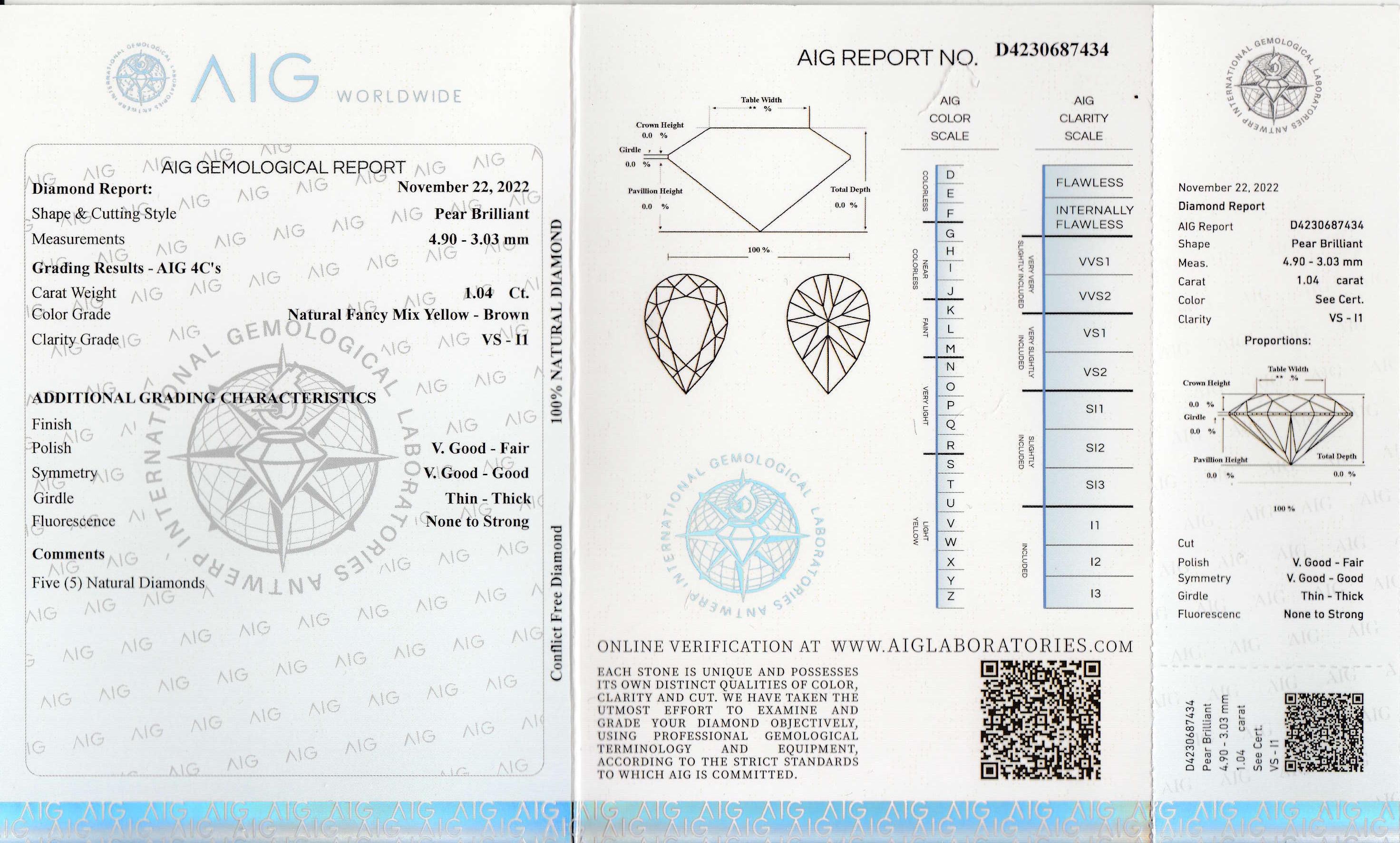 Detail a: Lot lose Diamanten zus. 1.04 ct, tropfen- förmig facett., Natural Fancy Mix Yellow-Brown/vs-p1,verschweißt, mit AIG Expertise, 11/2022