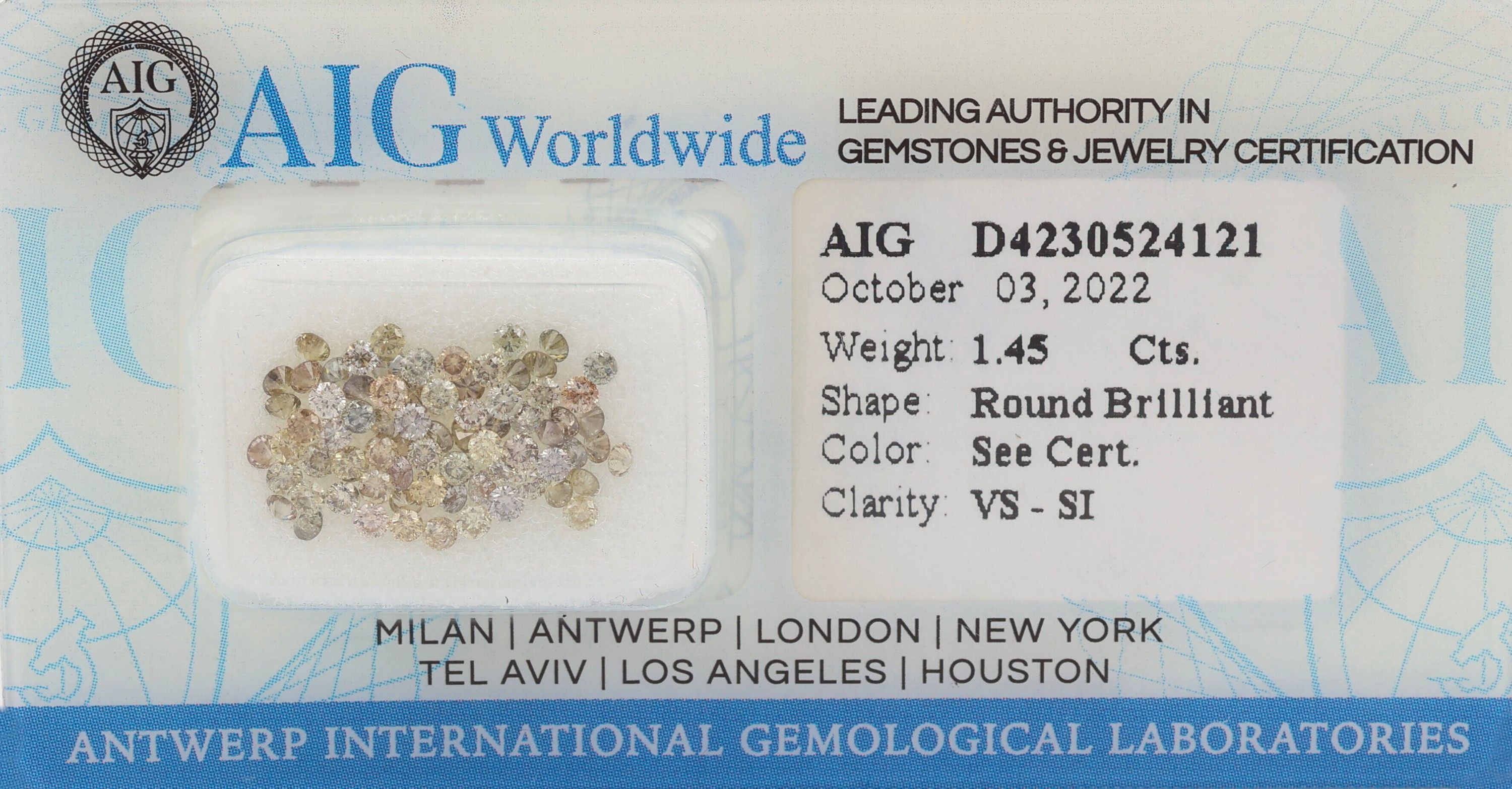 Lot lose Brillanten zus. ca. 1.45 ct, Light- Natural Fancy Mix Grey-Yellow/vs-si, verschweißt, mit AIG Expertise, 10/2022