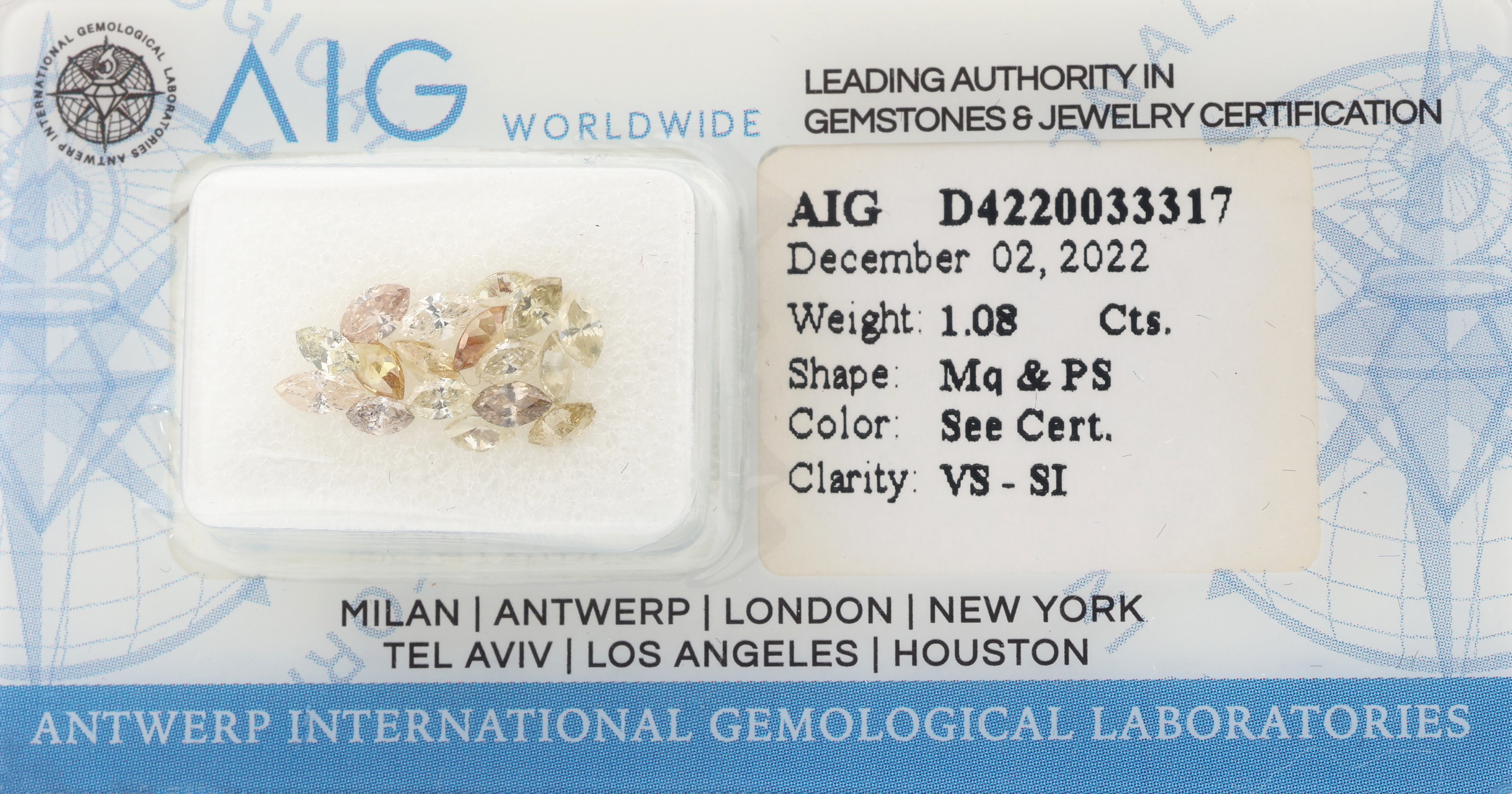 Lot lose Diamanten zus. 1.08 ct, Navettes und Tropfen, Light-Natural Fancy Mix Yellow- Brown/vs-si, verschweißt, mit AIG Expertise, 12/2022