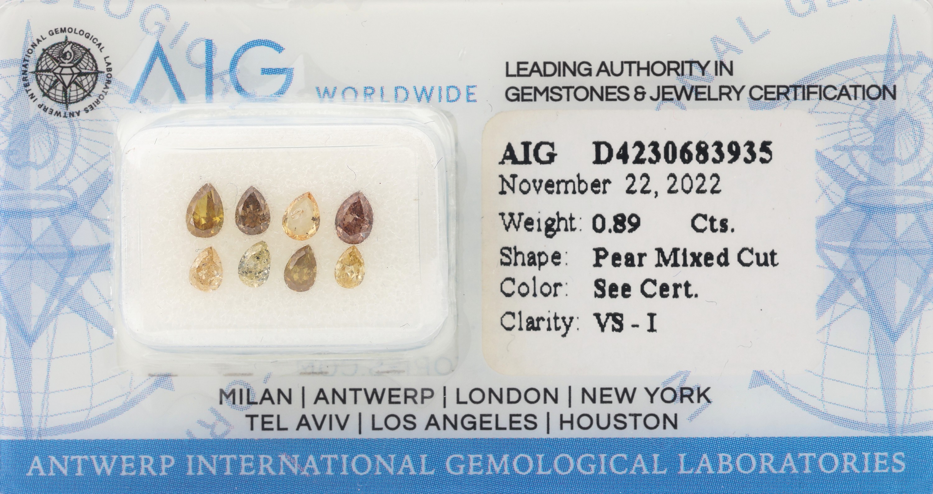 Lot lose Diamanten zus. 0.89 ct, tropfenförmigfacett., Fancy Mix Brown-Yellow-Green/vs-p1, verschweißt, mit AIG Expertise, 11/2022