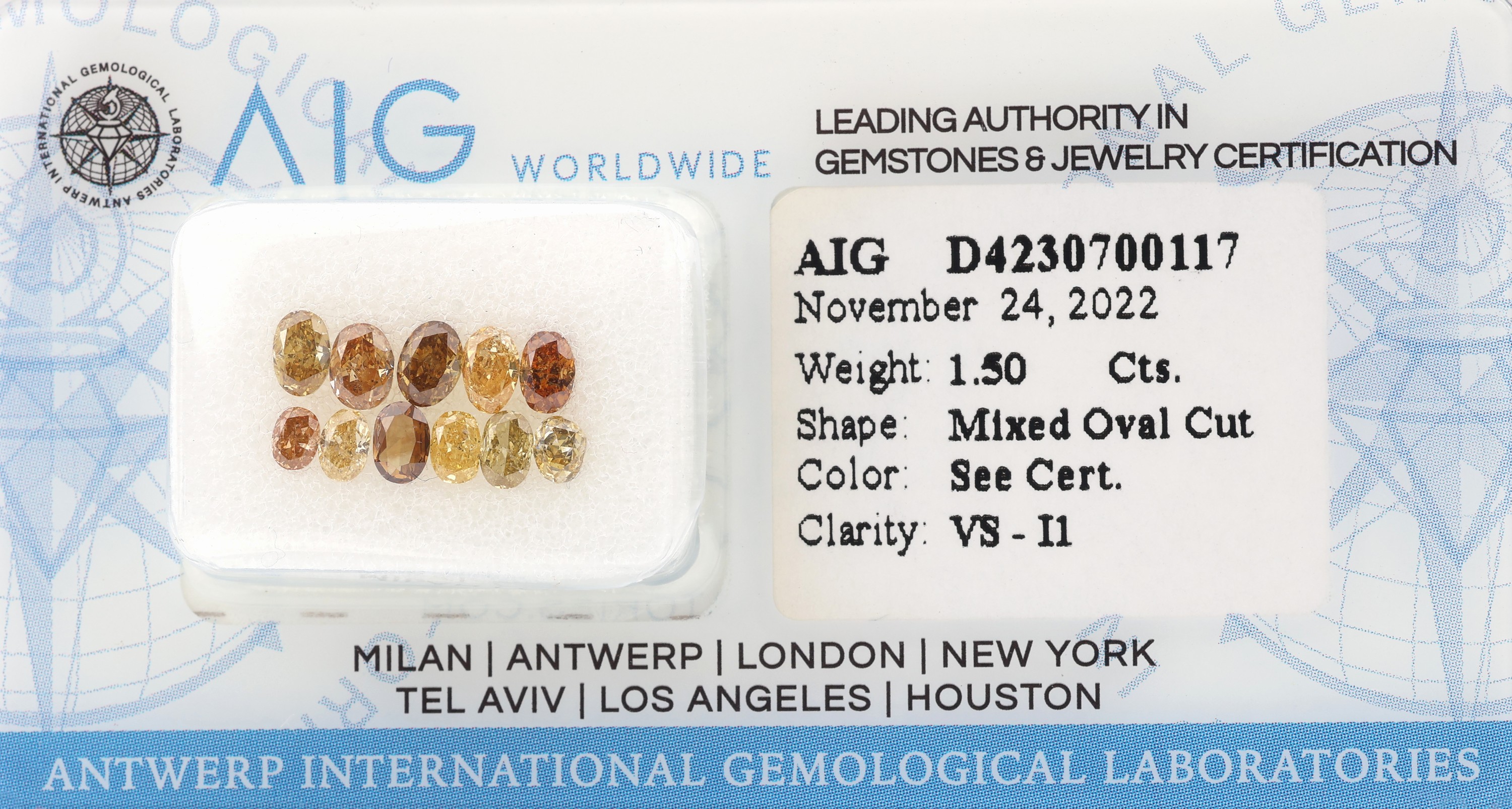 Lot lose Diamanten zus. 1.50 ct, oval- facett., Mix Yellow-Brown-Orange/vs-p1, verschweißt, mit AIG Expertise, 11/2024